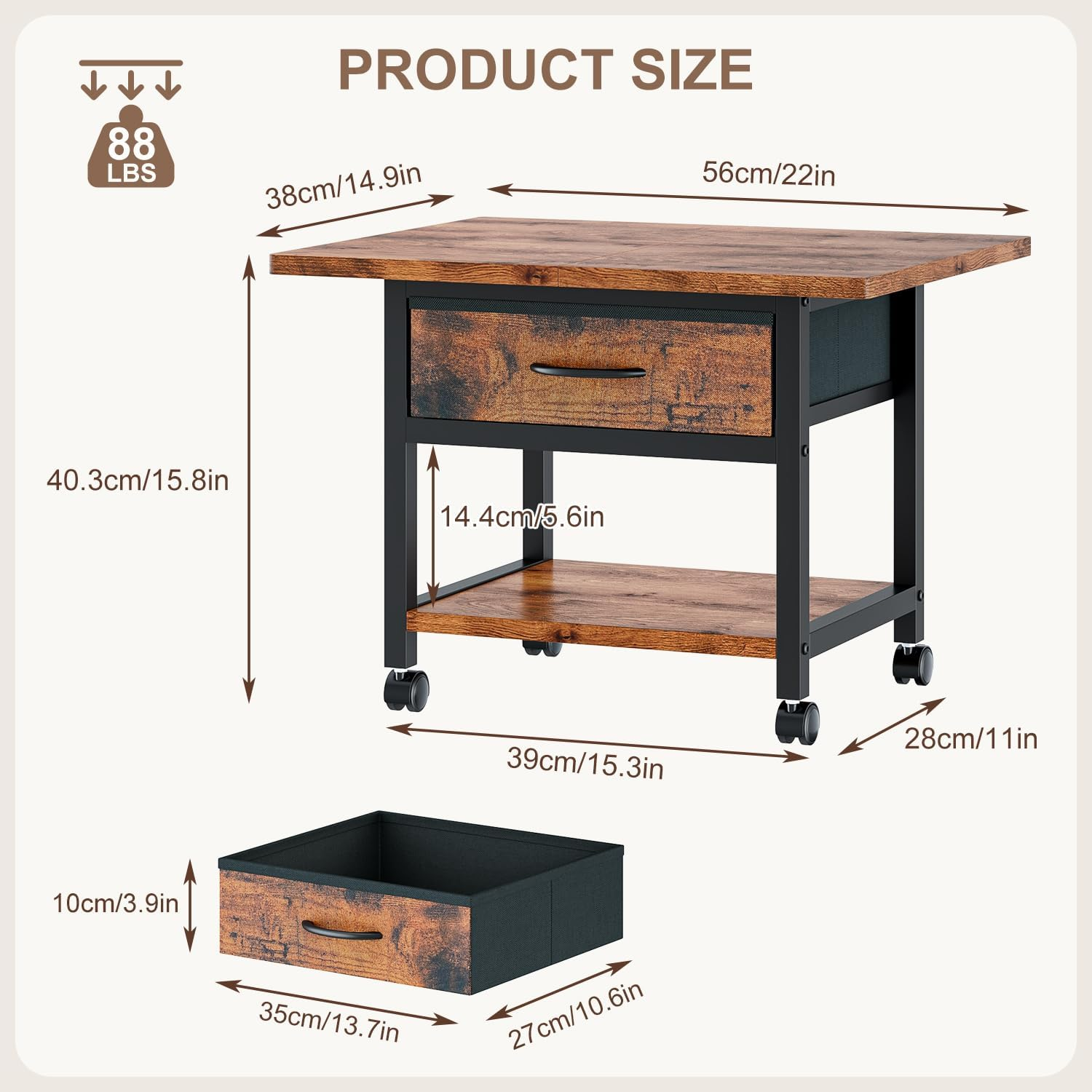 Huaniun 2 Tier Desktop Printer Stand with Storage Drawer, under Desk Printer Table, Multi-Purpose Desk Organizer Storage Shelf, Desktop Office Shelf with Wheels image number 1