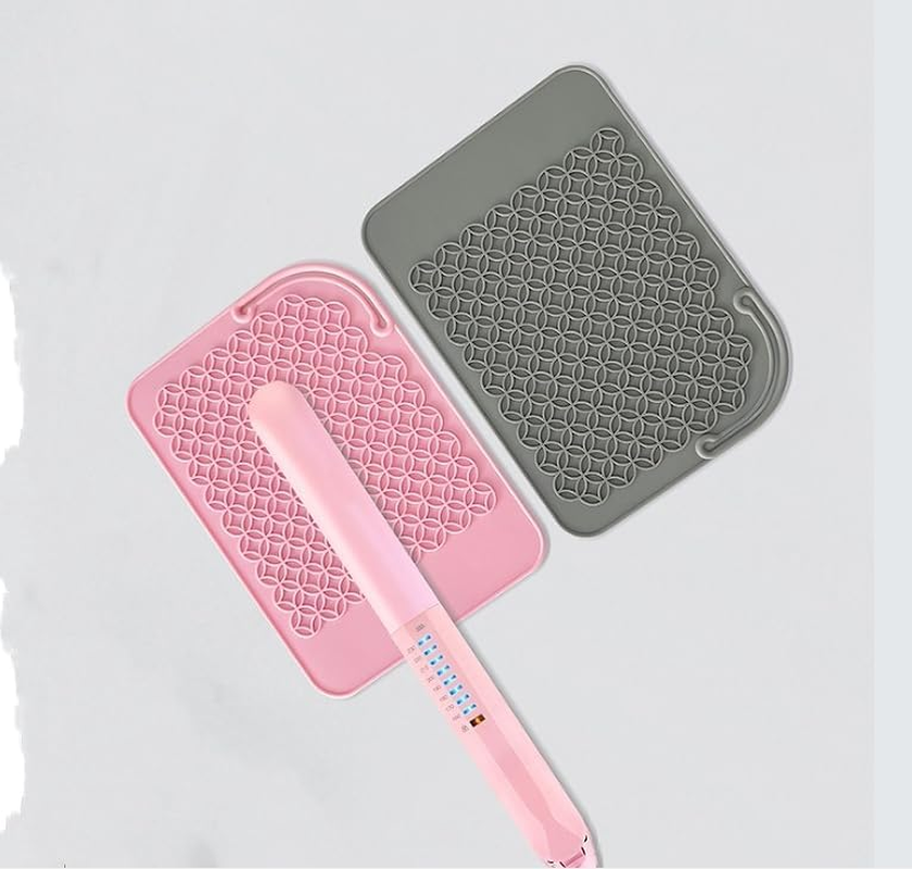 2 PCS Grey and Pink, Silione Heat Resistant Mat for Hair Straightener, Curling Irons, Flat Irons and Hair Styling Tools 8.27" X 6.1", at Travel and Home, Portable image number 5