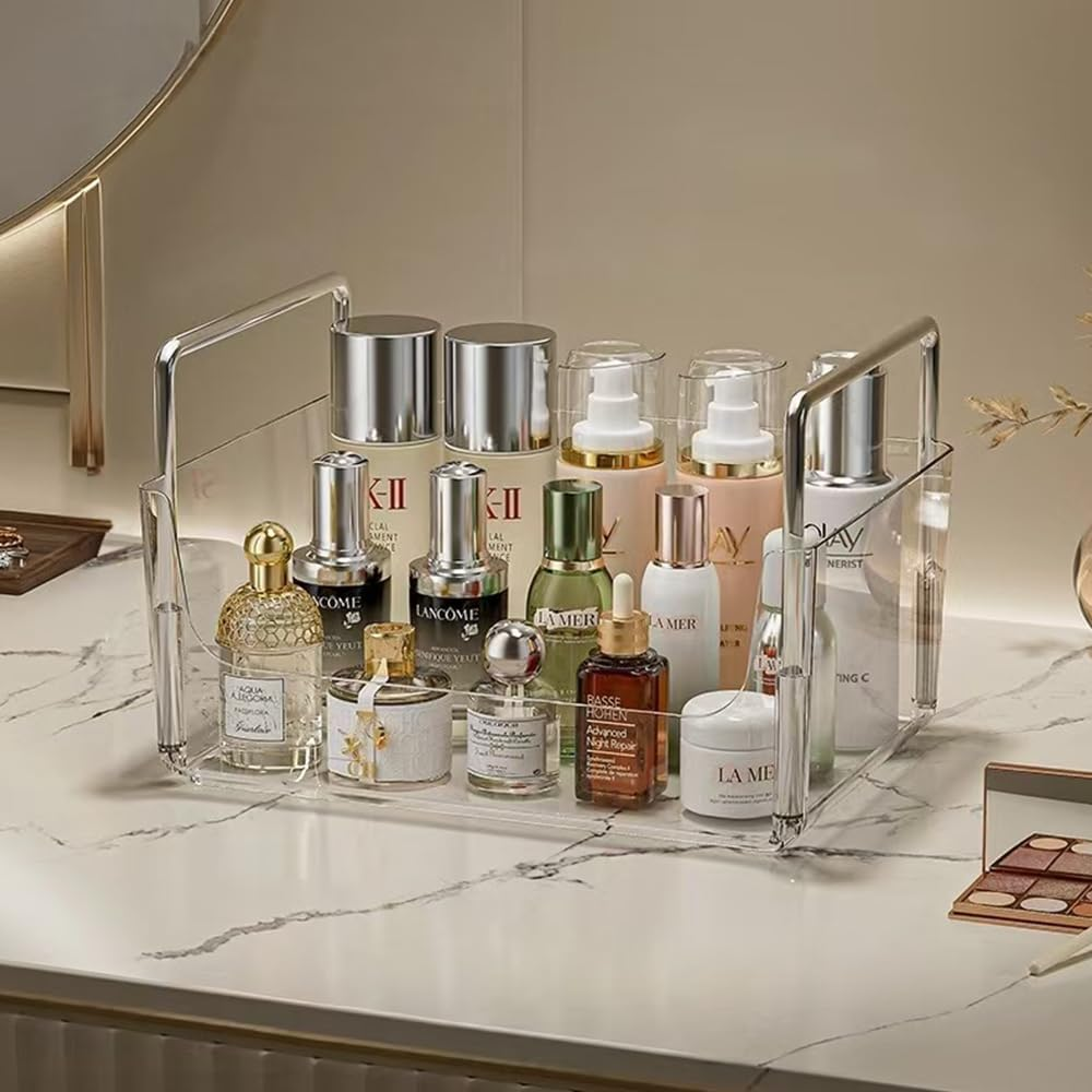 NYGHMY 1 Pcs Clear Plastic Organizer Tray with Handles, Makeup Organizer for Store Cosmetics and Skincare, Stackable Bathroom Countertop Organizer for Vanity, Kitchen Cabinet Storage Items