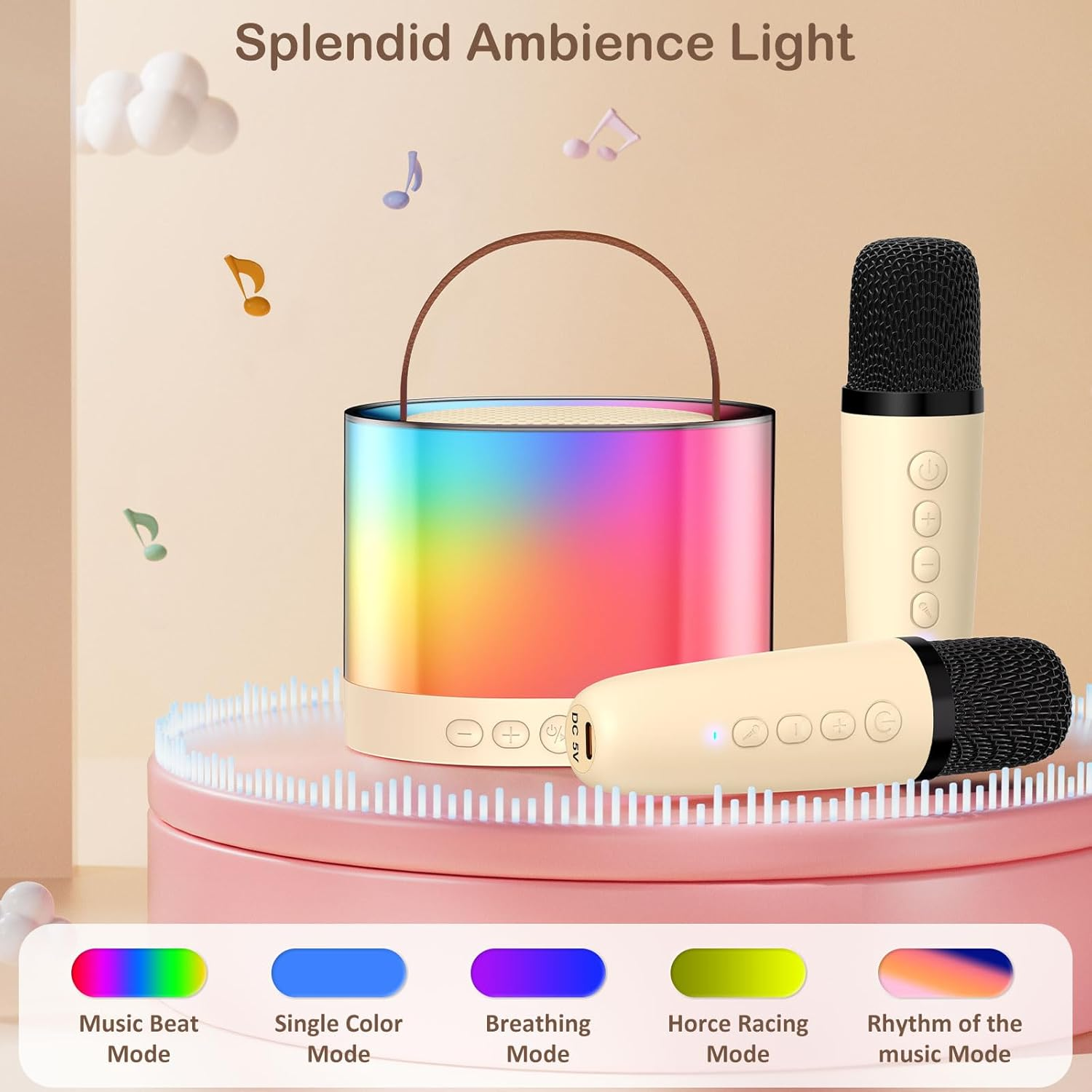 JYX Mini Karaoke Machine for Boys and Girls, Portable Bluetooth Speaker with 2 Microphones, Support TF/AUX Input/Funny Magic Voice, Gifts for Birthday Party (Beige-2Mic) image number 6