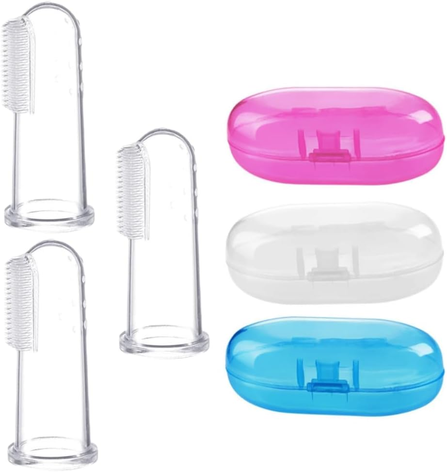 Poemtian 3Pcs Baby Finger Toothbrush Silicone Baby Kids Brush Oral Cleaning Transparent Teeth Cleaning Care ​Brush Infant Toothbrush for Newborn with Case image number 1