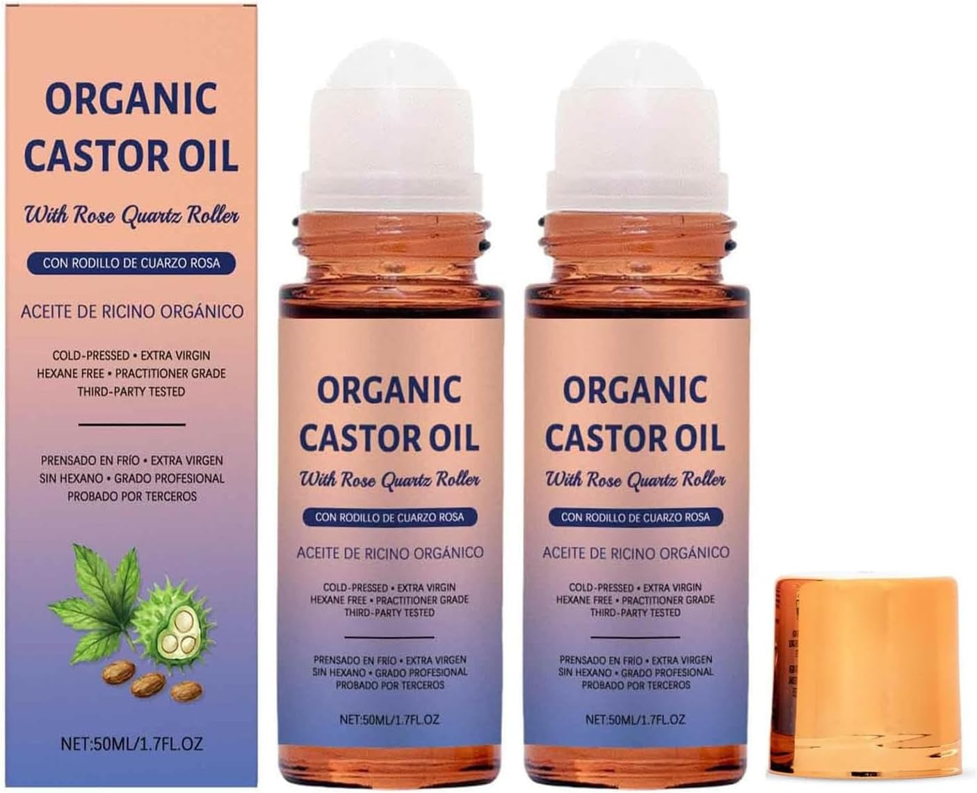 Organic Castor Oil with Rose Quartz Roller, Natural Ingredients, Gently Nourishes Skin, Suitable for All Skin Types (2) image number 2