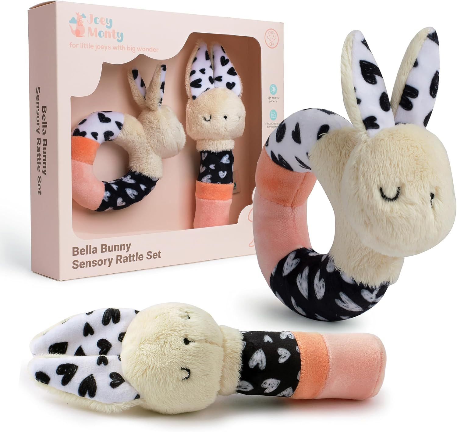 Bella Bunny Sensory Rattle Set &ndash; High Contrast Baby Toys for Newborns (0&ndash;6 Months), Soft Plush Bunny Rattle & Squeaker Gift Set for Tummy Time, Montessori & Soft Play Development image number 1