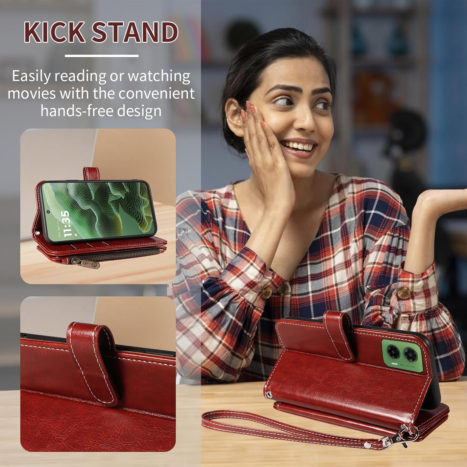 Asuwish Mobile Phone Case for Motorola Moto G35 5G Case with Strap Film Screen Protector Card Slot Foldable Leather Wallet Stand Motog35 G 35 Mobile Phone Cases Protective Zip Wallet Phone Case Brown image number 6