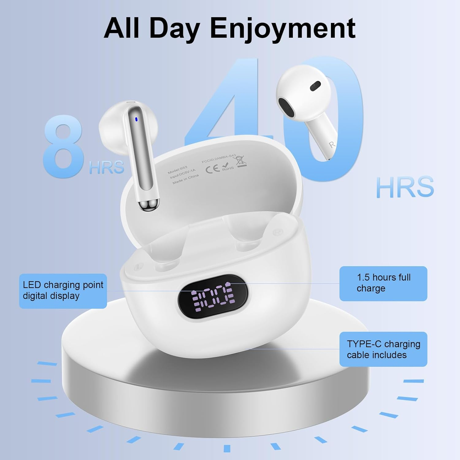 USB C Earphones Headphones Wireless Earbuds Type C Bluetooth Ear Buds for Samsung Galaxy S25 FE A36 A17 A16 A15 A35 S25 Ultra S24 S23 S22, LED Display Hifi Stereo Earphone for Iphone 17 16 Pro Max