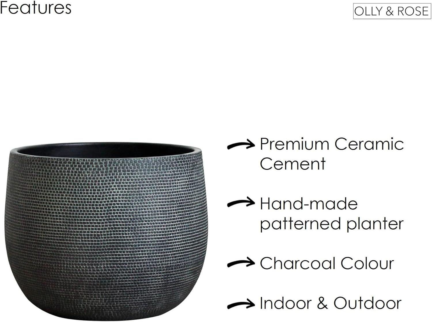 Olly & Rose Barcelona Ceramic Plant Pot Large 25Cm - Black Flower Pots - Plant Pots Indoor & Outdoor Planters image number 4