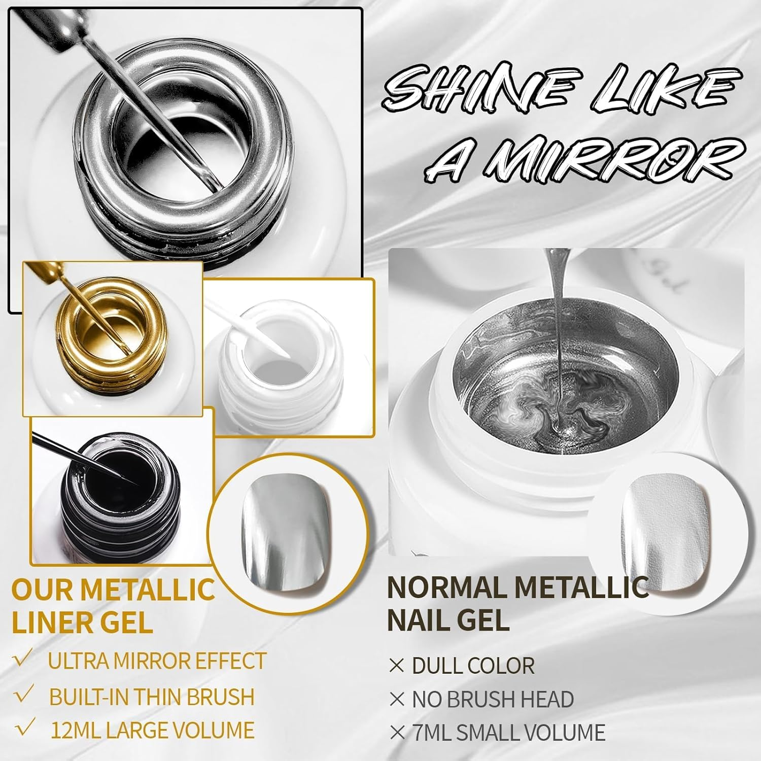 4X12Ml Metallic Mirror Painting Liner Gel Polish Set, Mirror Chrome Effect Painted Gel &Black & White Nail Polish Drawing Striper Gel Build in Thin Brush Soak off UV/LED Nail Manicure Setb