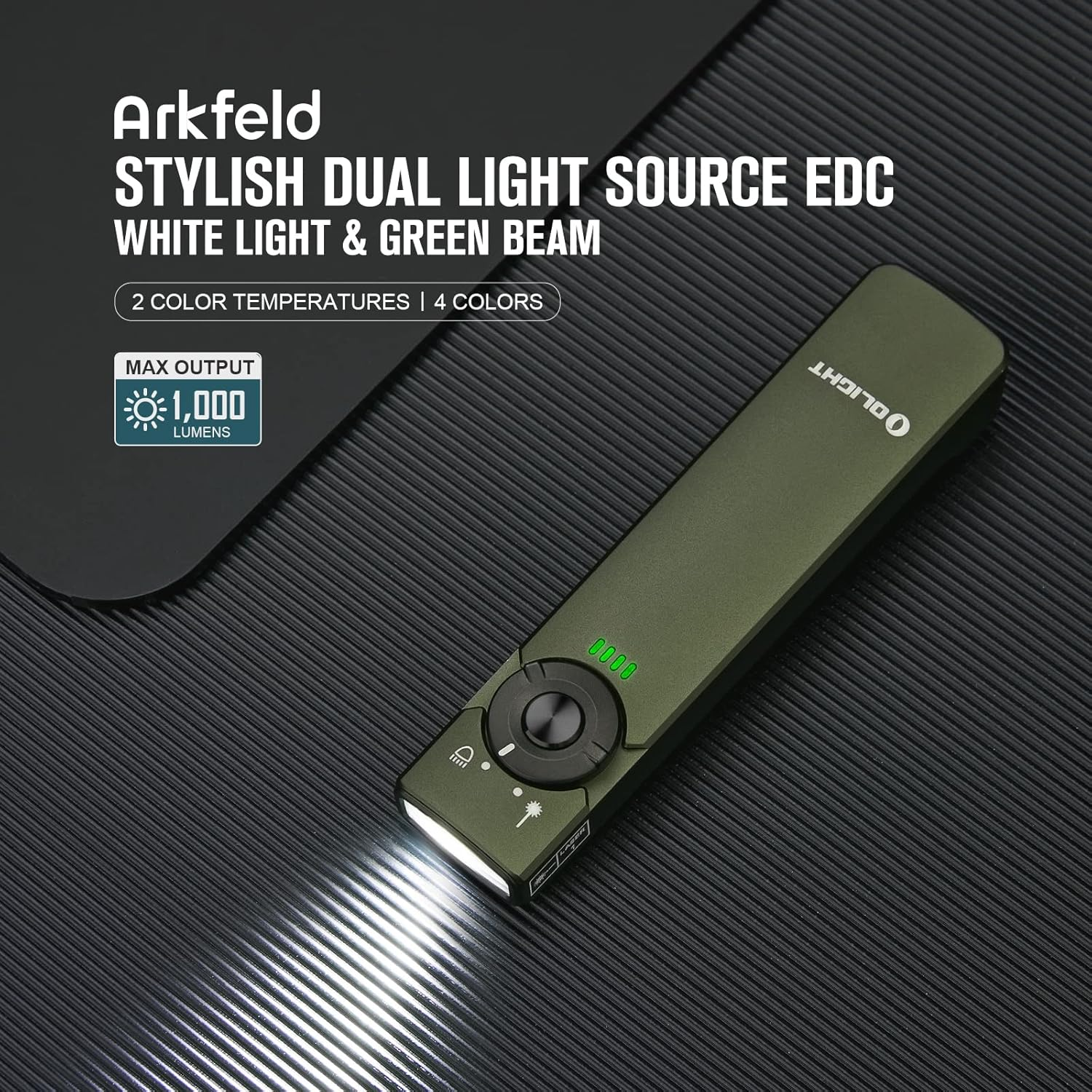 OLIGHT Arkfeld Max 1000 Lumens Rechargeable EDC Flashlight Dual Light Source with Green Beam for Pet, Presentation(Od Green, Cool White Light: 5700~6700K) image number 4