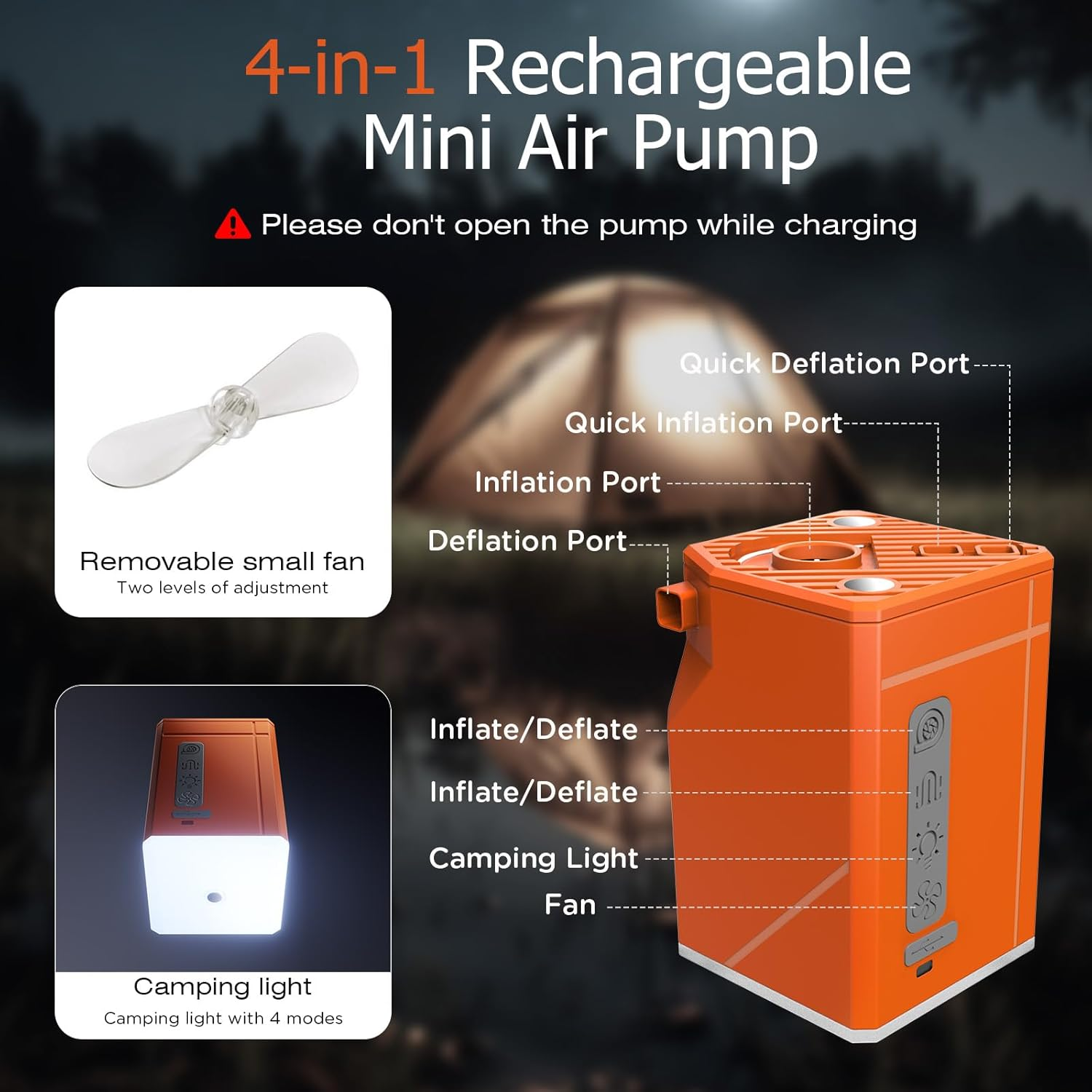 Portable Air Pump, Electric Air Pump with Camping Lantern and Fan, Rechargeable Mini Pump with 10 Nozzles, Quick Inflate Deflate for Air Mattress, Air Bed, Pool Toys, Floats, Swimming Ring,Vacuum Bags image number 6