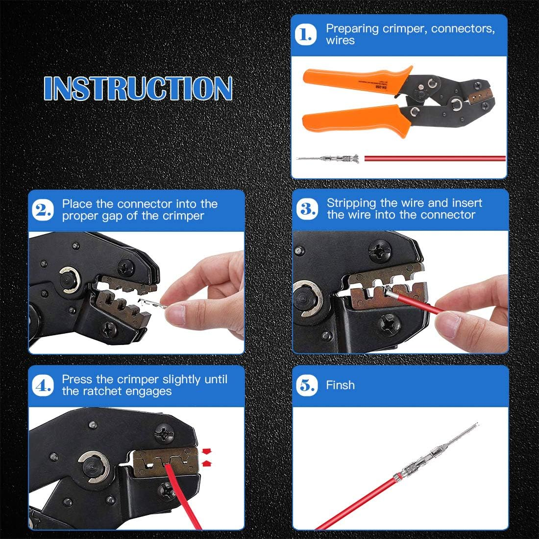 Glarks 486Pcs Wire Crimper Plier with Connector Set, SN-28B Ratchet Crimping Tool with 485Pcs 2.54Mm 1 2 3 4 5 6 7 Pin Housing Connector Male Female Pin Header Crimp Connector for AWG28-18 Dupont Pins image number 5