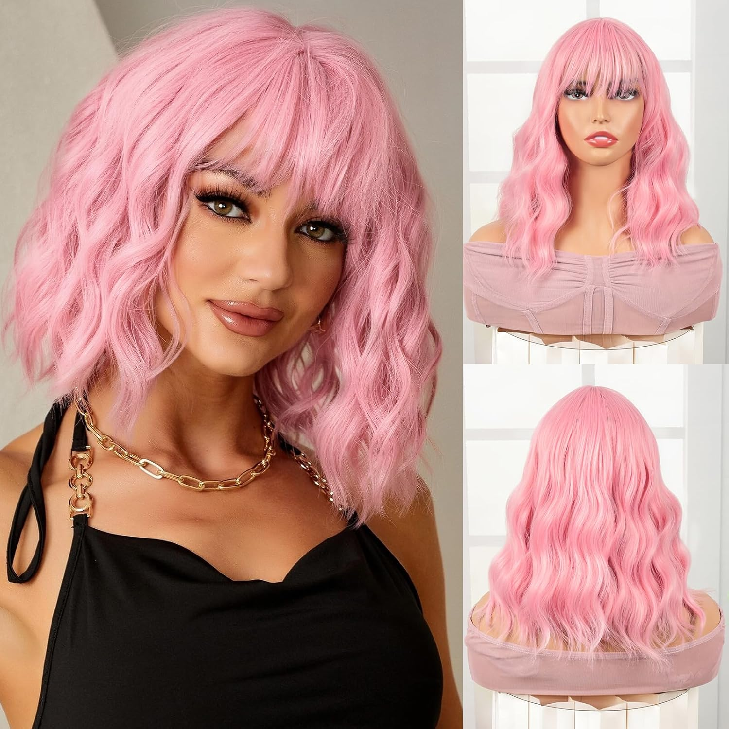 QUEENTAS Purple Wavy Bob Wigs for Women Shoulder Length with Bangs Short Curly Wig for Daily Use Cosplay Synthetic Hair Wig