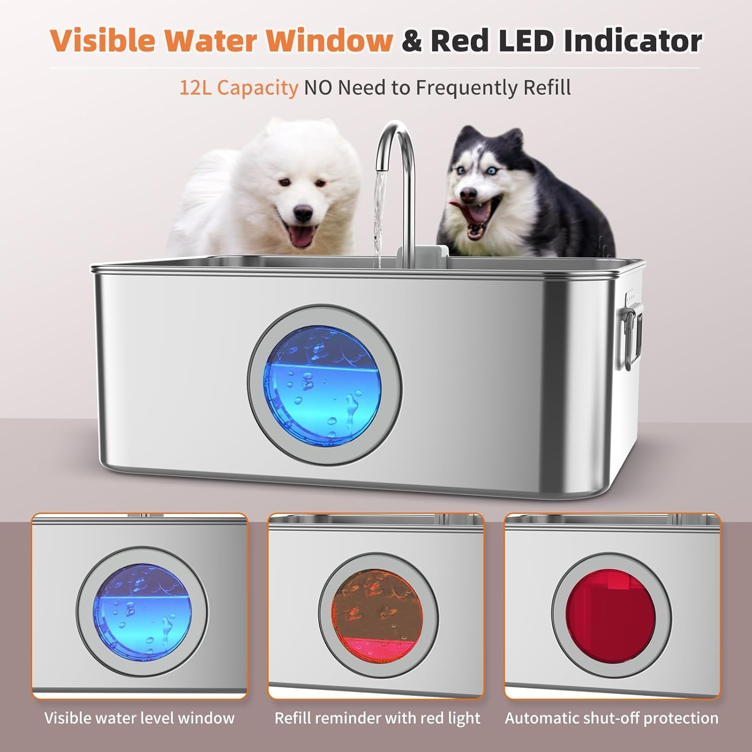 Cat Dog Water Fountain Stainless Steel 12L/410Oz/3.2Gal, DYSJ01 Ultra Quiet Pet Water Fountain for Large Dogs Cats & Multi-Pet Home with Water Level Window & LED Indicator image number 3