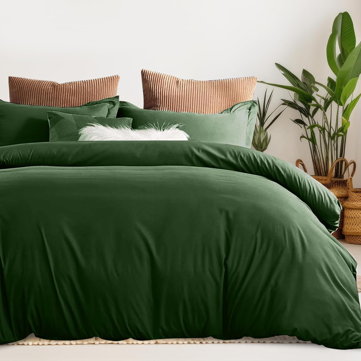 LINENOVA Queen Quilt Cover Set, 100% Luxury Cotton Duvet Cover with Buttons Closure,Ultra Soft Solid Plain Color 3Pcs Doona Cover Set(Queen, Olive)