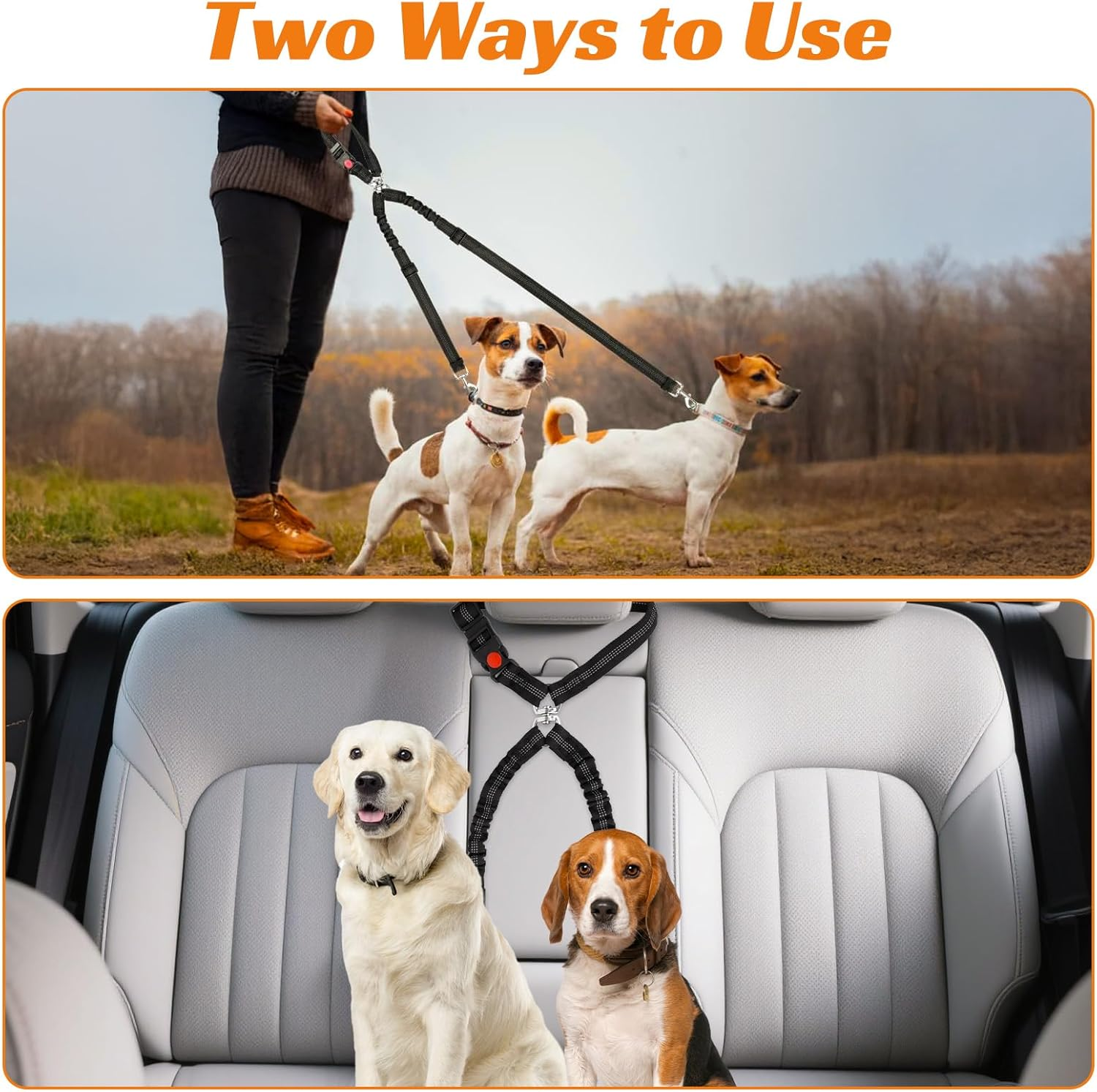 Double Dog Seat Belt for Car Travel - Dual Clip Adjustable Pet Safety Harness, Adjustable Nylon Strap Secures 2 Pets, 360&deg; No Tangle Dogs Cars Tethers with Reflective Strips, Black