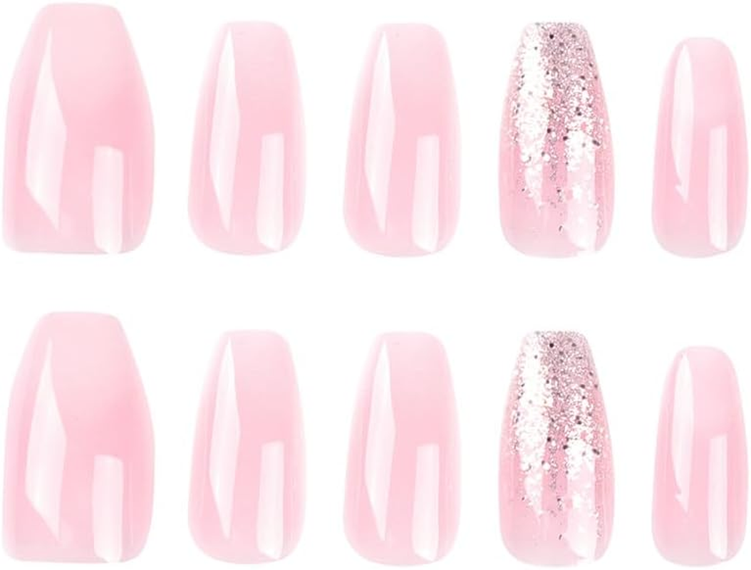 Resweky Coffin Long False Nails Pack of 24 French Sequin Print on Nails Glitter Pink False Nails Full Cover Acrylic Nails for Women and Girls image number 1
