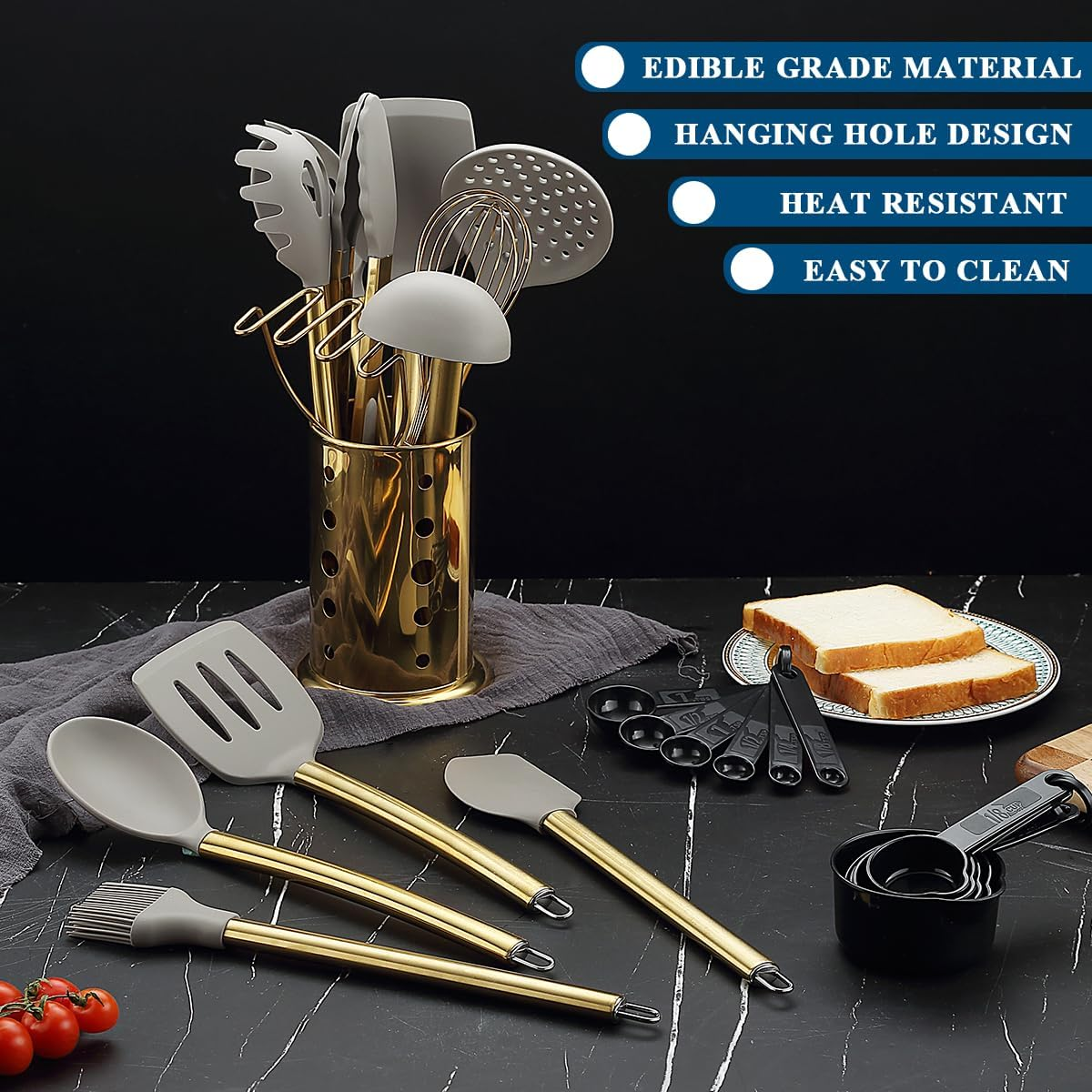 Gold Kitchen Utensils Set, Kyraton 38 Pieces Non-Stick Silicone Cooking Utensils Set, Spoon Spatula Set with Sturdy Stainless Steel Utensil Holder, Dishwasher Safe image number 4