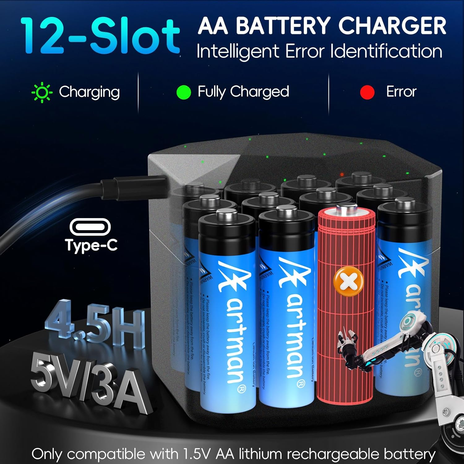 Artman Rechargeable Lithium AA Batteries 12 Pack with 12-Slot Charger, 3600Mwh 1.5V High Power AA Lithium Batteries for Blink Outdoor Camera, Rechargeable Double a Battery with 2000+ Cycles (Black) image number 5