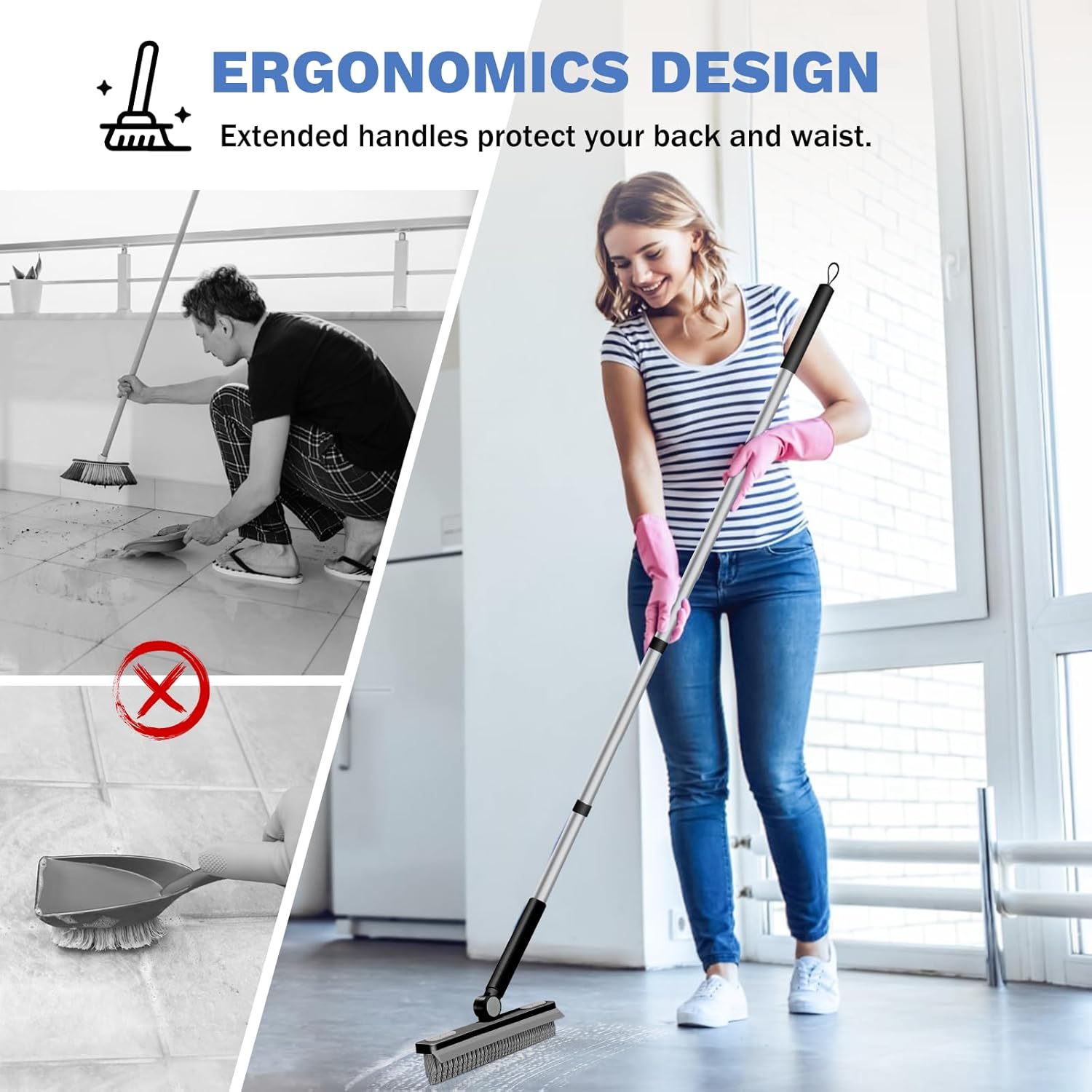 Setsail Grout Cleaner Brush with Long Handle, V-Shaped Floor Scrub Brush Swivel Grout Brush Stiff Bristle Floor Grout Scrubber for Bathroom, Tile Line, Crevice, Kitchen, Wall, Deck, Garage, Black Grey - Black Grey image number 4