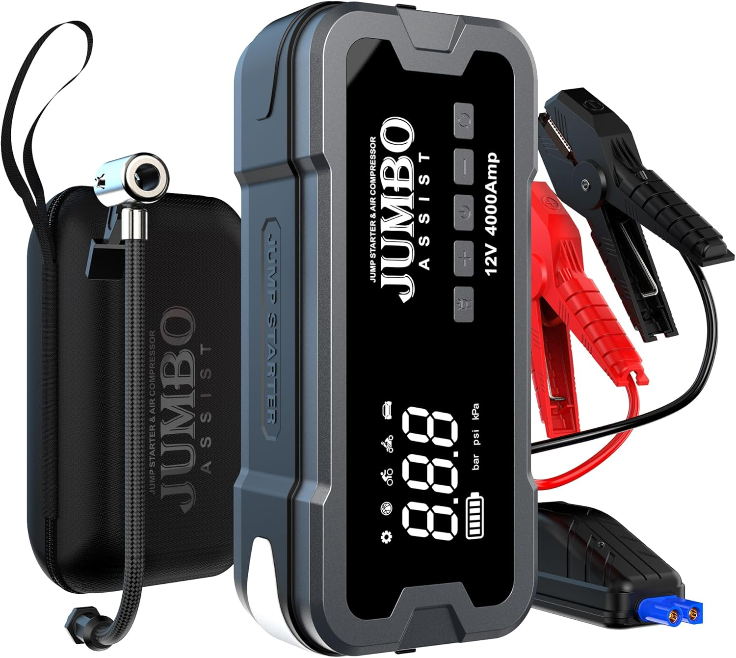 Jump Starter with Air Compressor 150Psi Built-In,12V Powerful 4000A, 24000Mah Slim Powerbank, for 10L Gas, 8L Diesel Engines, Portable Tire Inflator Emergency Kit with High Torch-Lights JUMBO ASSIST image number 5