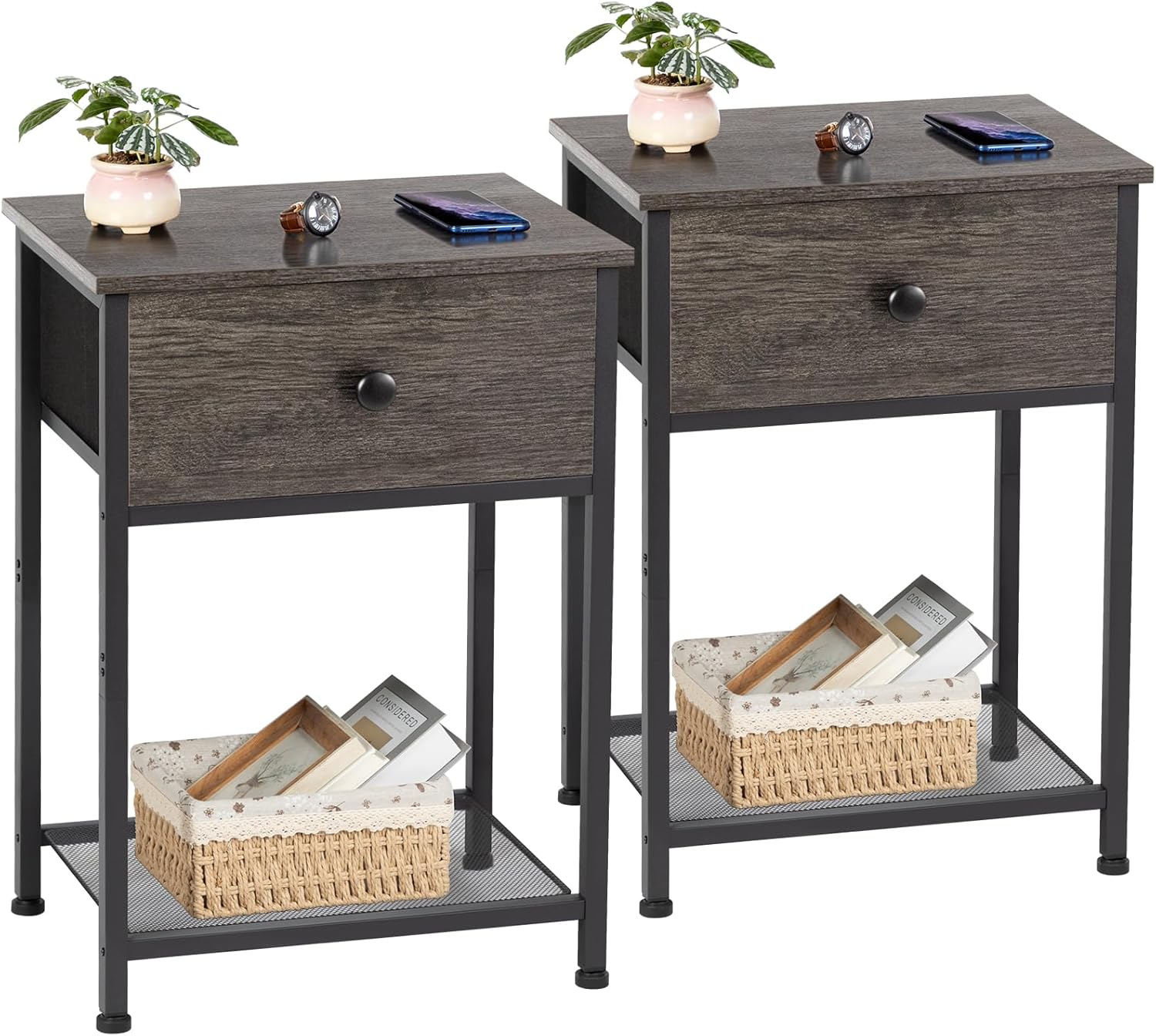 AMHANCIBLE Night Stand Set 2, Nightstand with Fabric Drawer, Industrial End Tables Living Room with Storage Shelf, Slim Bedside Table for Bedroom, Small Spaces, Rusic Brown, HET03SDDG