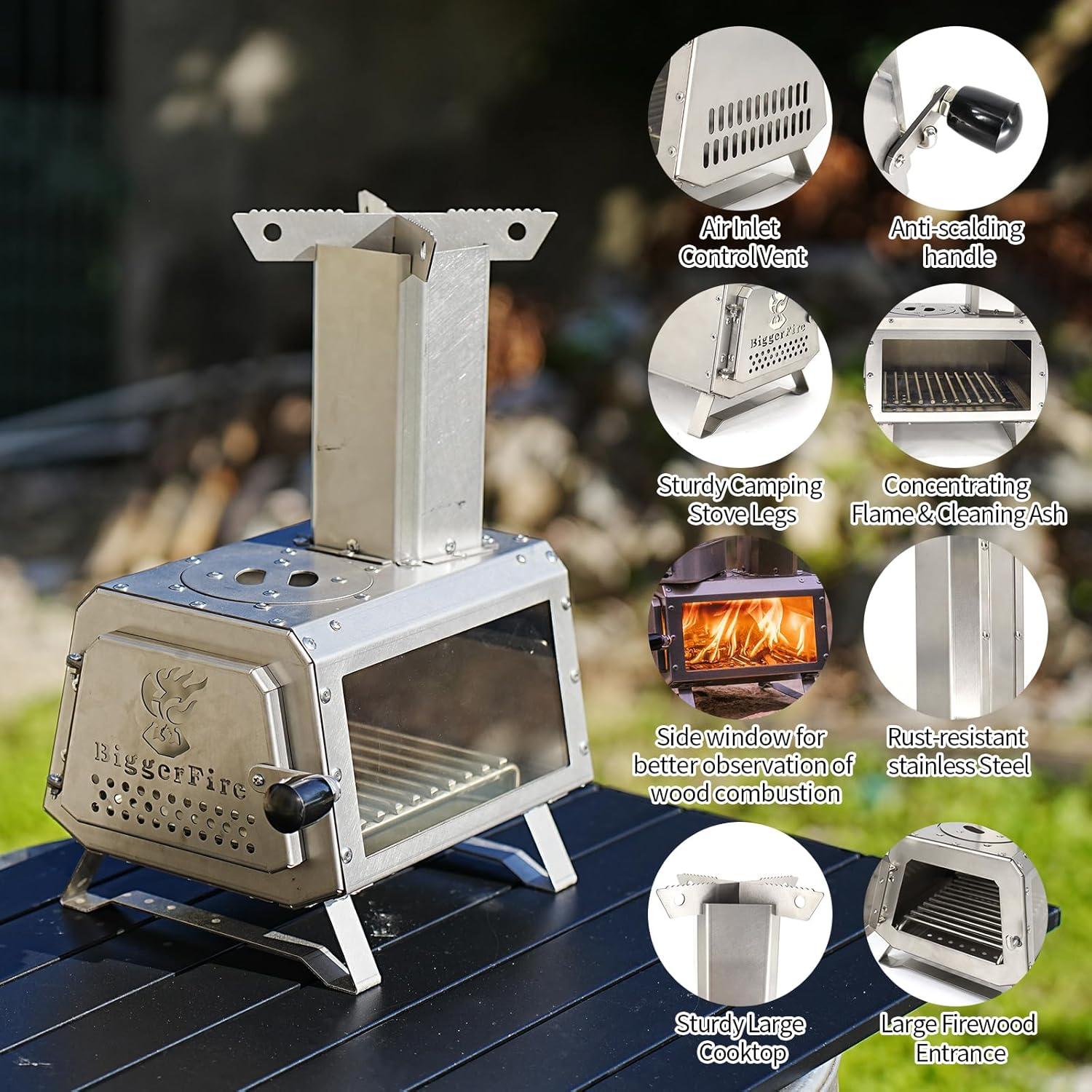 Biggerfire Rocket Stove Stainless Steel Countertop Mini Wood Stove Detachable Portable Wood Burning Stove with Chimney and Carrying Bag for Outdoor Cooking Coffee Making Warming Lighting Fire Watching image number 2