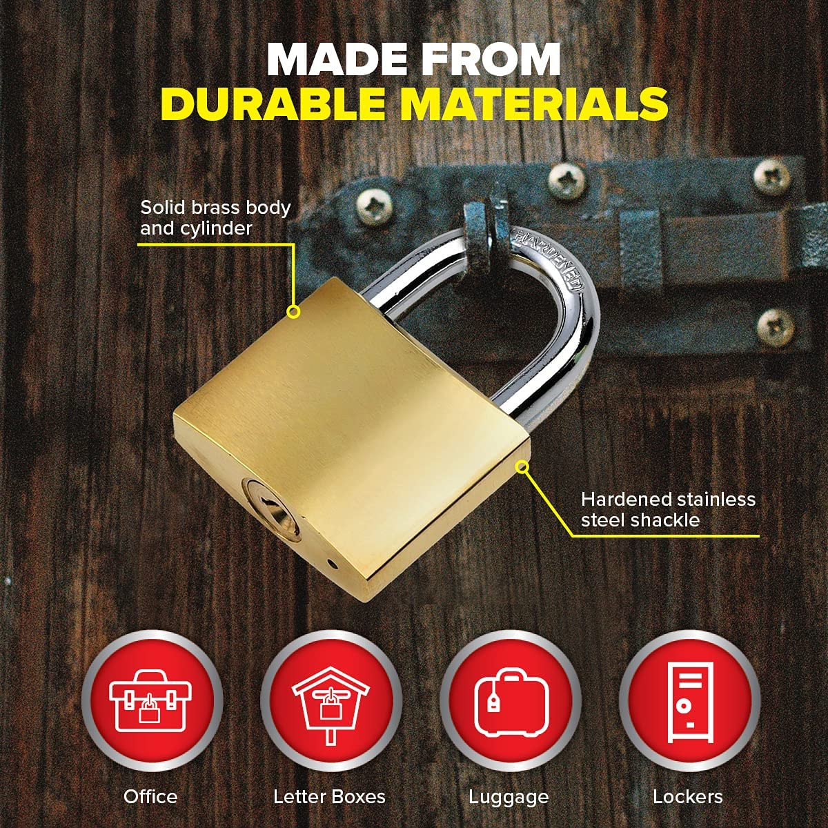 [4PCE] Handy Hardware Heavy Duty Padlocks, Premium Quality, Stainless Steel Shackle, Solid Brass Body and Cylinder, anti Rust and Cut Resistant, Helps Keep Valuables Safe and Secure - 48Mm image number 3