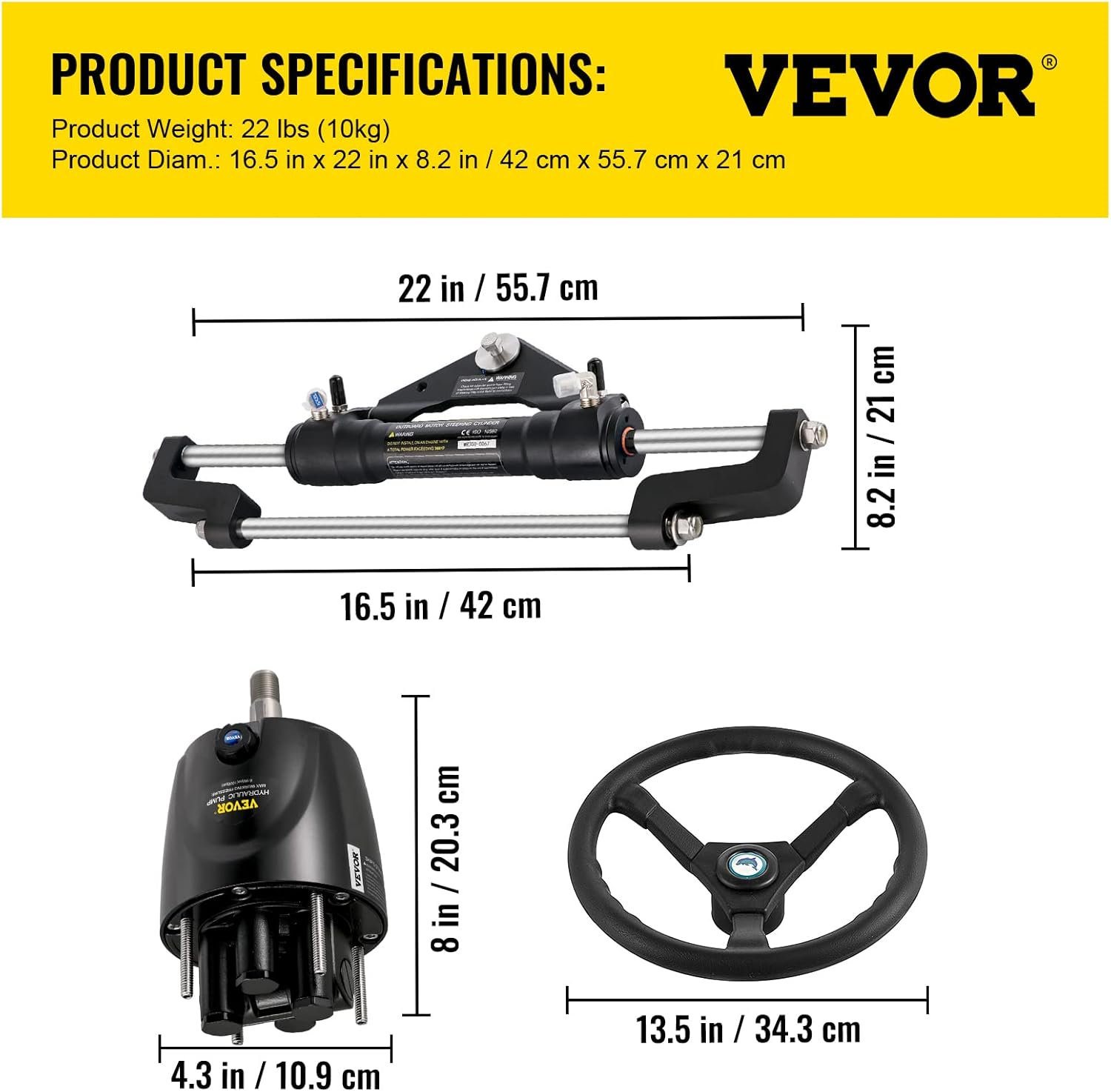 VEVOR Hydraulic Boat Steering Kit, 300HP Hydraulic Steering Helm Pump, Aluminum Alloy Steering Cylinder, 13.5" Steering Wheel with 10" Hydraulic Steering Hose for Boat Steering System image number 2