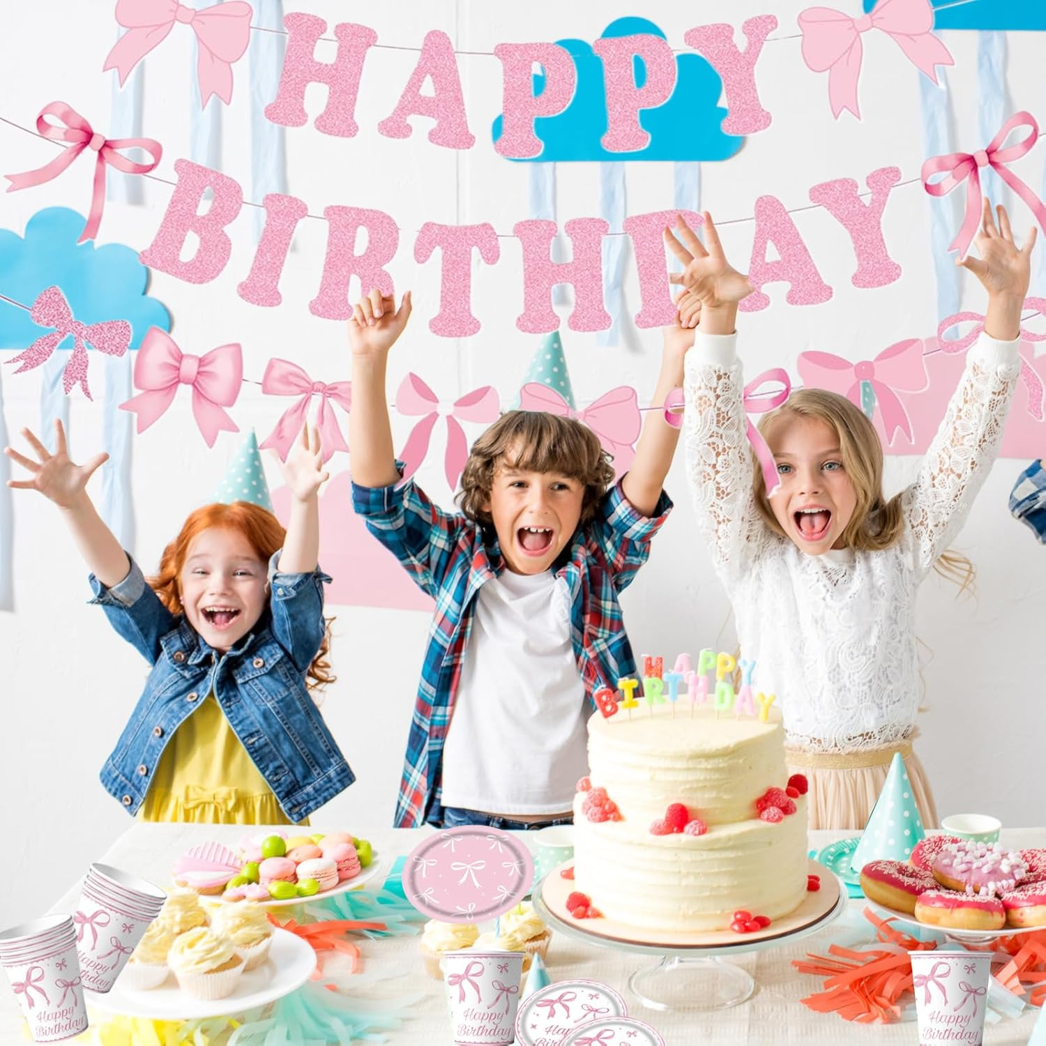 76PCS Happy Birthday Party Tableware Plates Romance Pink Bow Banner Tableware Set Valentine'S Day Party Decorations Theme Disposable Paper Plates Napkins Cups Tablecloth Party Table Decor Upgraded image number 3