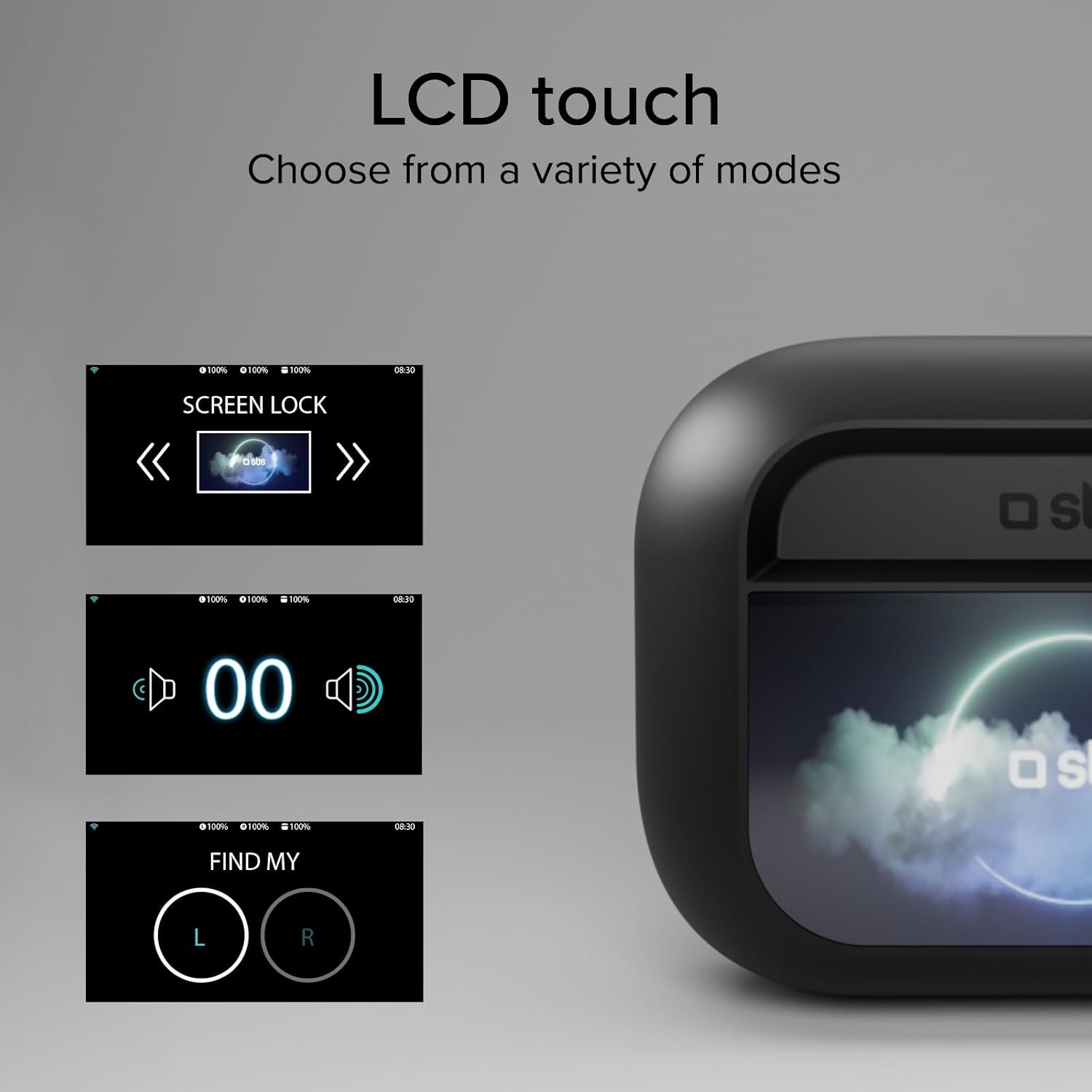 SBS Mood TWS In-Ear Earphones, ANC Low Noise with LCD Touch Display, True Wireless Stereo, Charging Case, Touch Control, Transparency Mode, for Smartphone, Tablet, Laptop, Black