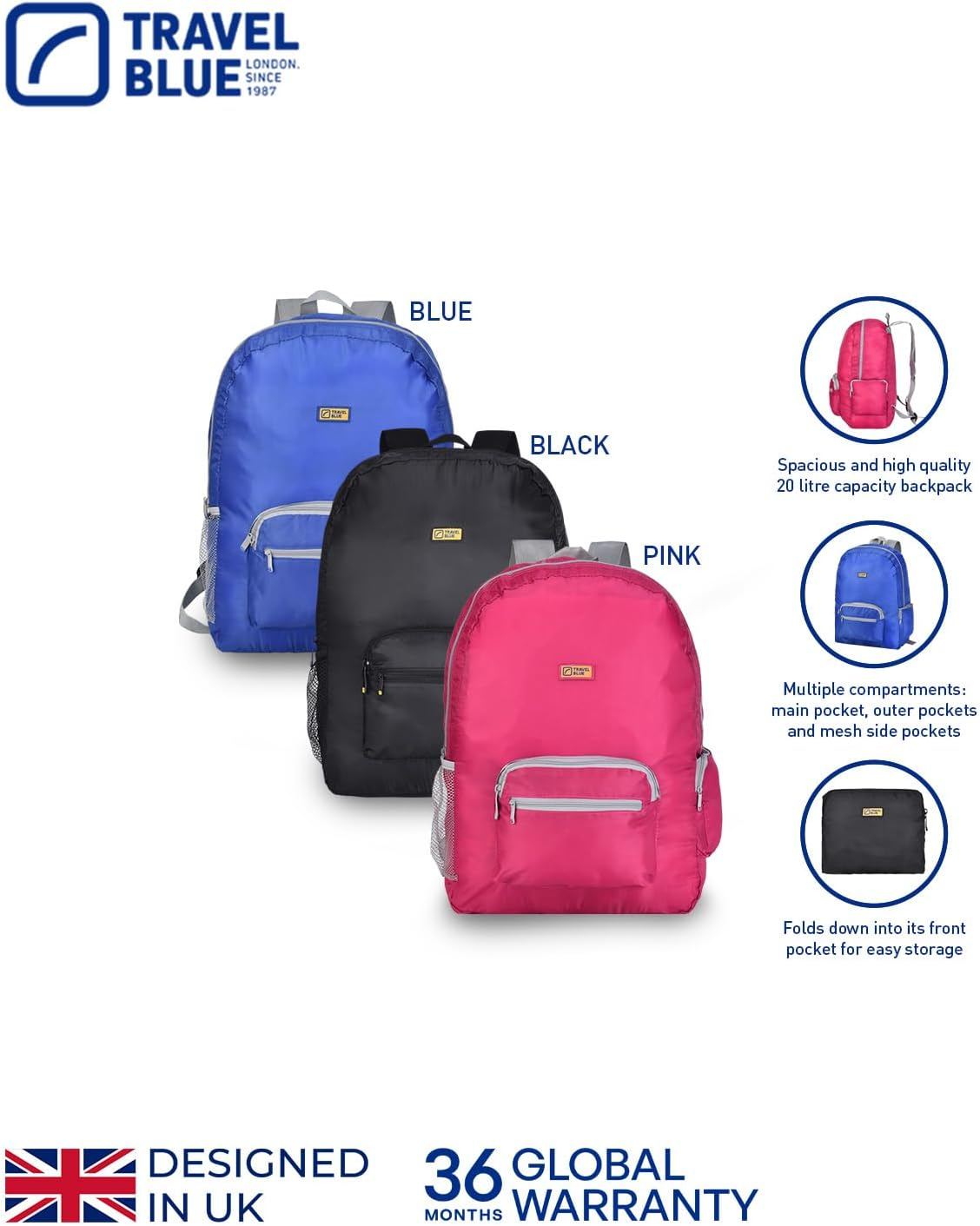 Travel Blue Foldable Backpack - Lightweight 11L and 20L Compact Polyester Rucksack with Padded Straps, Main Compartment and Side Pocket image number 2