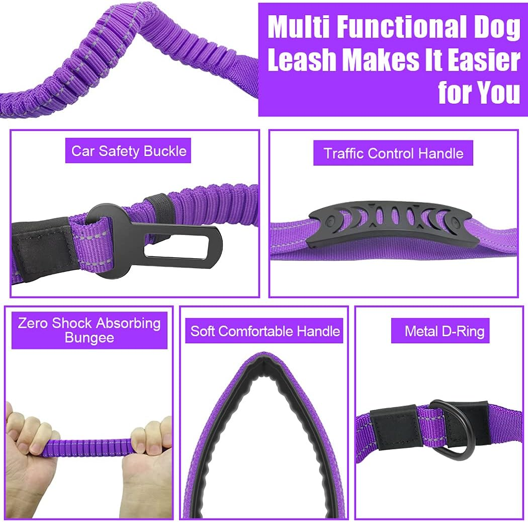 Q.K Bungee Dog Lead, Shock Absorbing Reflective Dog Lead, Dog Walking Running Elastic Lead with 2 Padded Handle & Car Seat Belt Buckle, Adjustable Dog Leash Heavy Duty for Large Medium Small Dogs image number 4