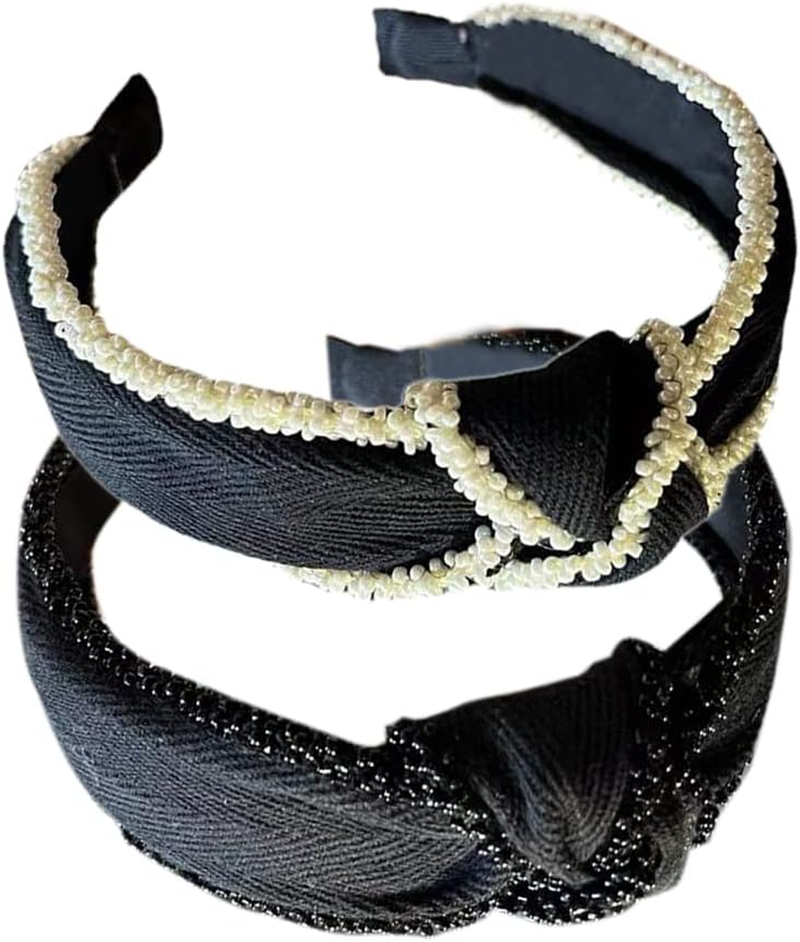 Boho Bow Tie Knotted Fabric Headbands Knotted Hair Bands Elastic Fabric Headgear Vintage Flower Headband Turban Headband for Women (Beadde) 2 Pieces