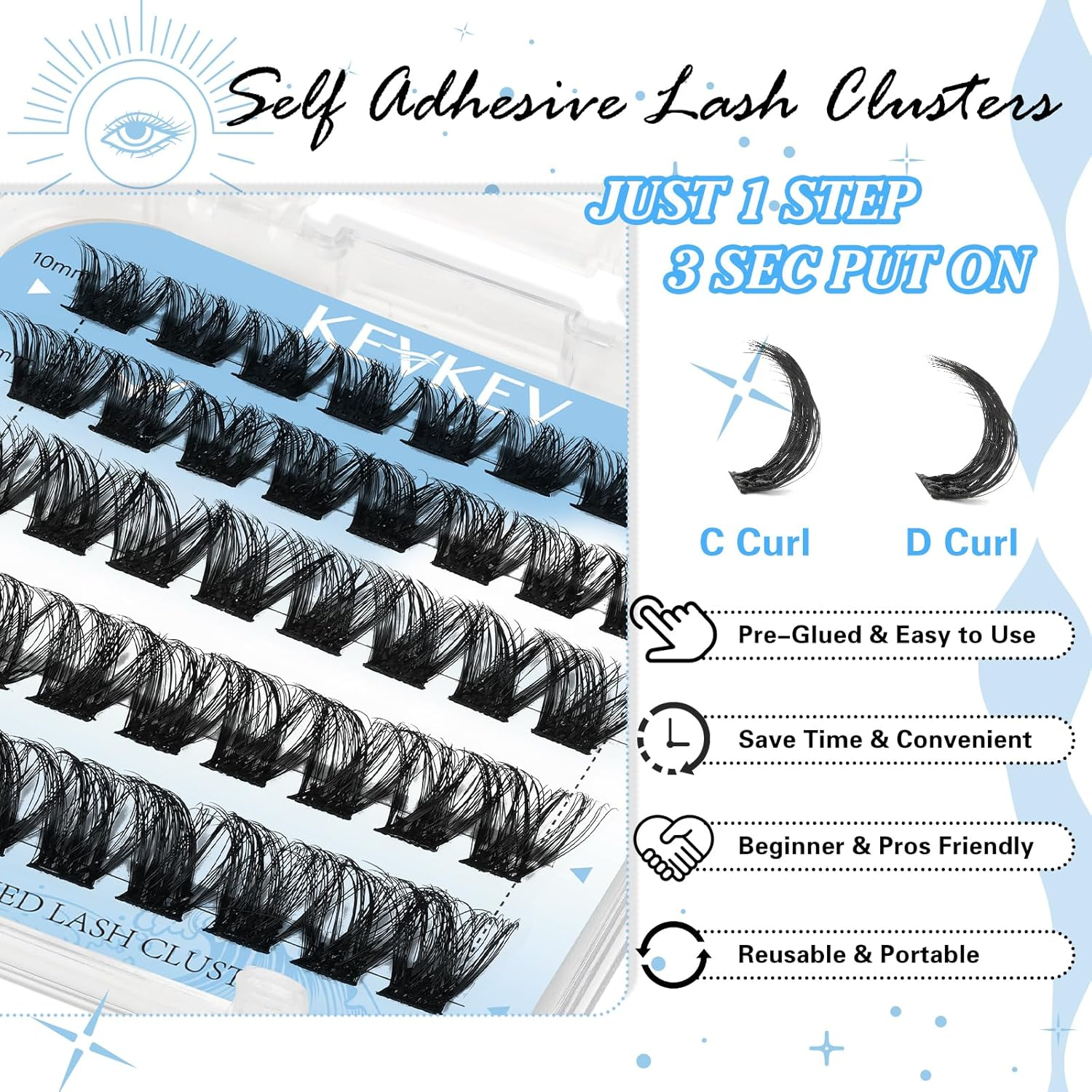 Kevkev Self Adhesive Eyelashes Pre-Glued Cluster Lashes Press on Lash Clusters Self Stick Eyelash Clusters Reusable No Glue No Remover Eyelashes Easy to Apply 1 Step DIY Lash(Typhoon, D-10-18Mix) image number 5