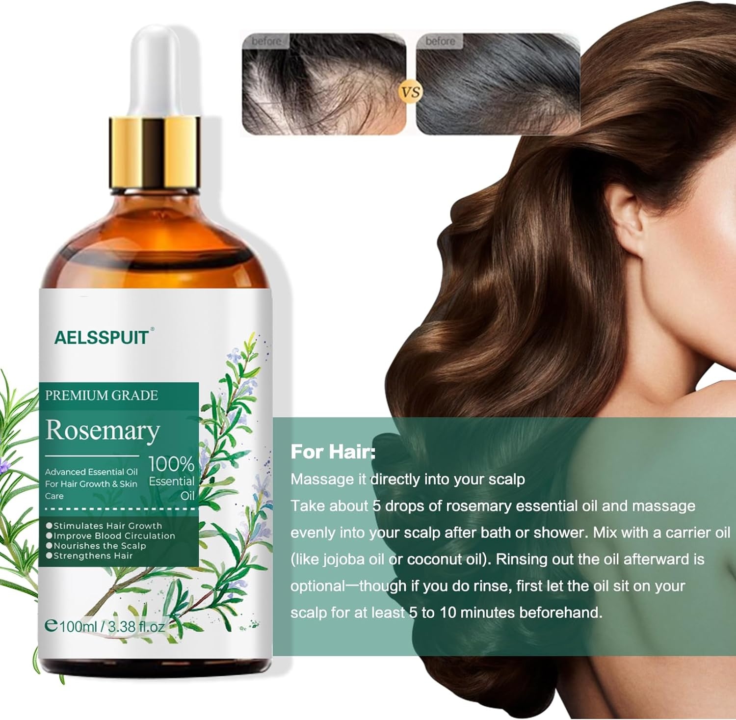AELSSPUIT Rosemary Hair Oil Infused with Biotin to Enhance Hair Nourishment and Volume Natural Hair and Scalp Care for All Hair Types, for Both Men and Women 100Ml/3.52Fl Oz