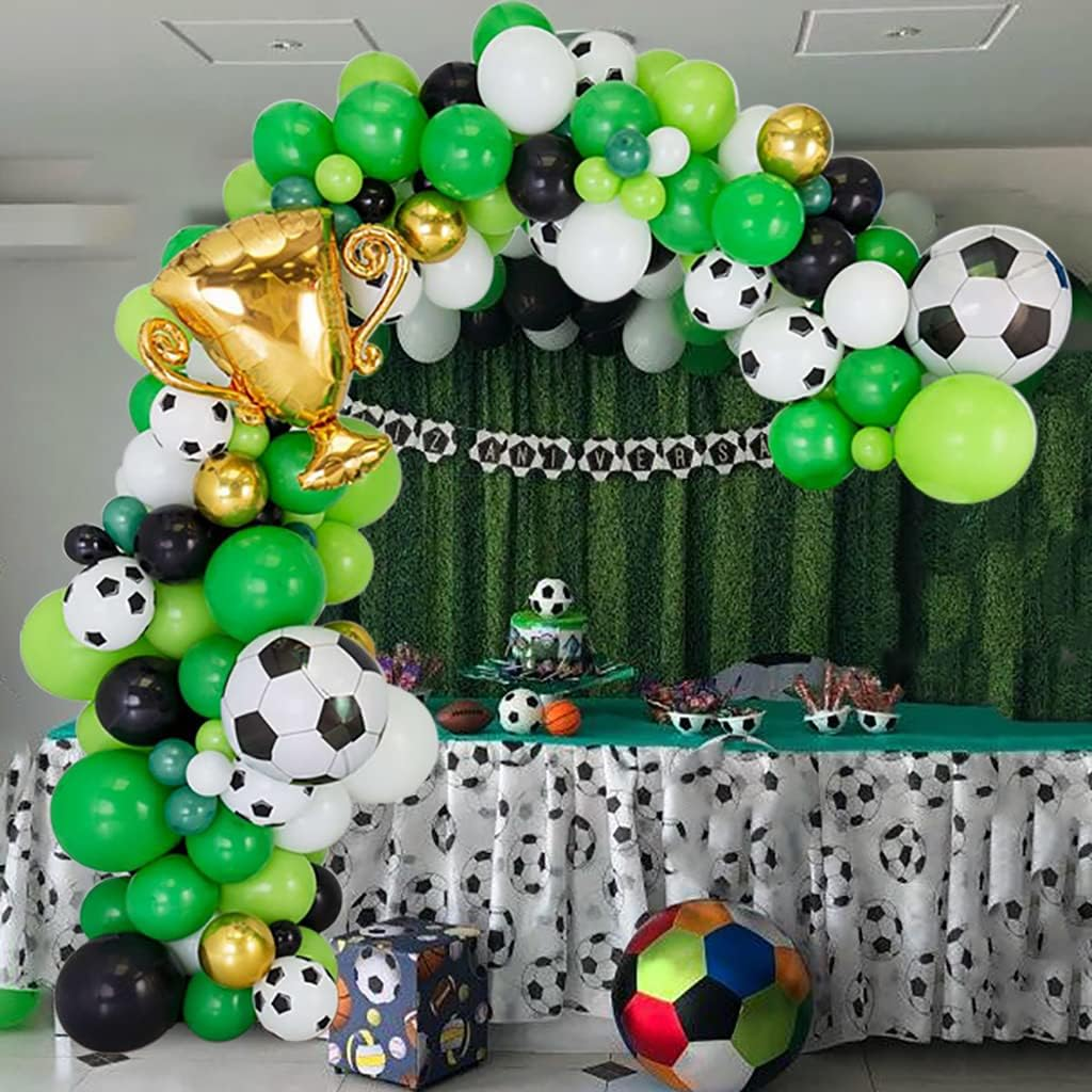 Soccer Party Balloons Garland, 12Inch Green Black White Balloons with 18Inch Football Goal Golden Champion Mylar Foils, Boys Sports Theme Birthday Decoration Supplies
