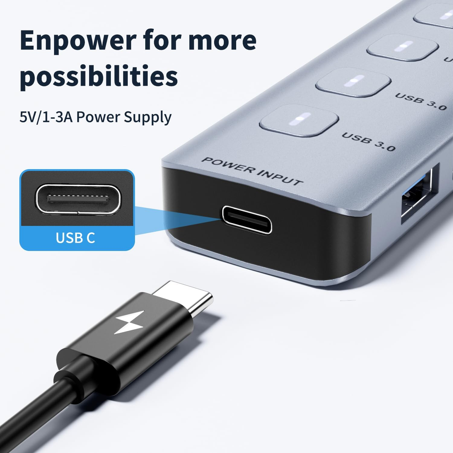 7-Port USB 3.0 Hub &mdash; Aluminum Alloy 7X USB-A Ports with Independent On/Off Switches & LED Indicators, 5Gbps High-Speed, 1M Cable, Plug & Play for Laptop Desktop Mac Windows image number 6