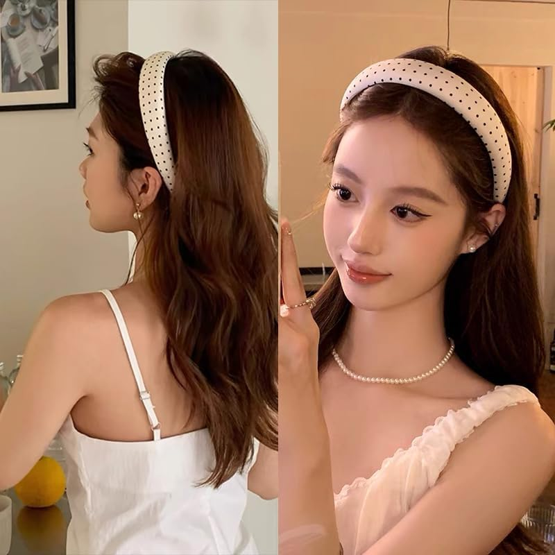 Vintage Polka Dot Headbands for Women Girls Black Padded Headband for Thick Thin Hair Accessories for Heavy Long Hair Band Polka Dot Halloween Costume Accessories for Women Girls Silk Satin Headband