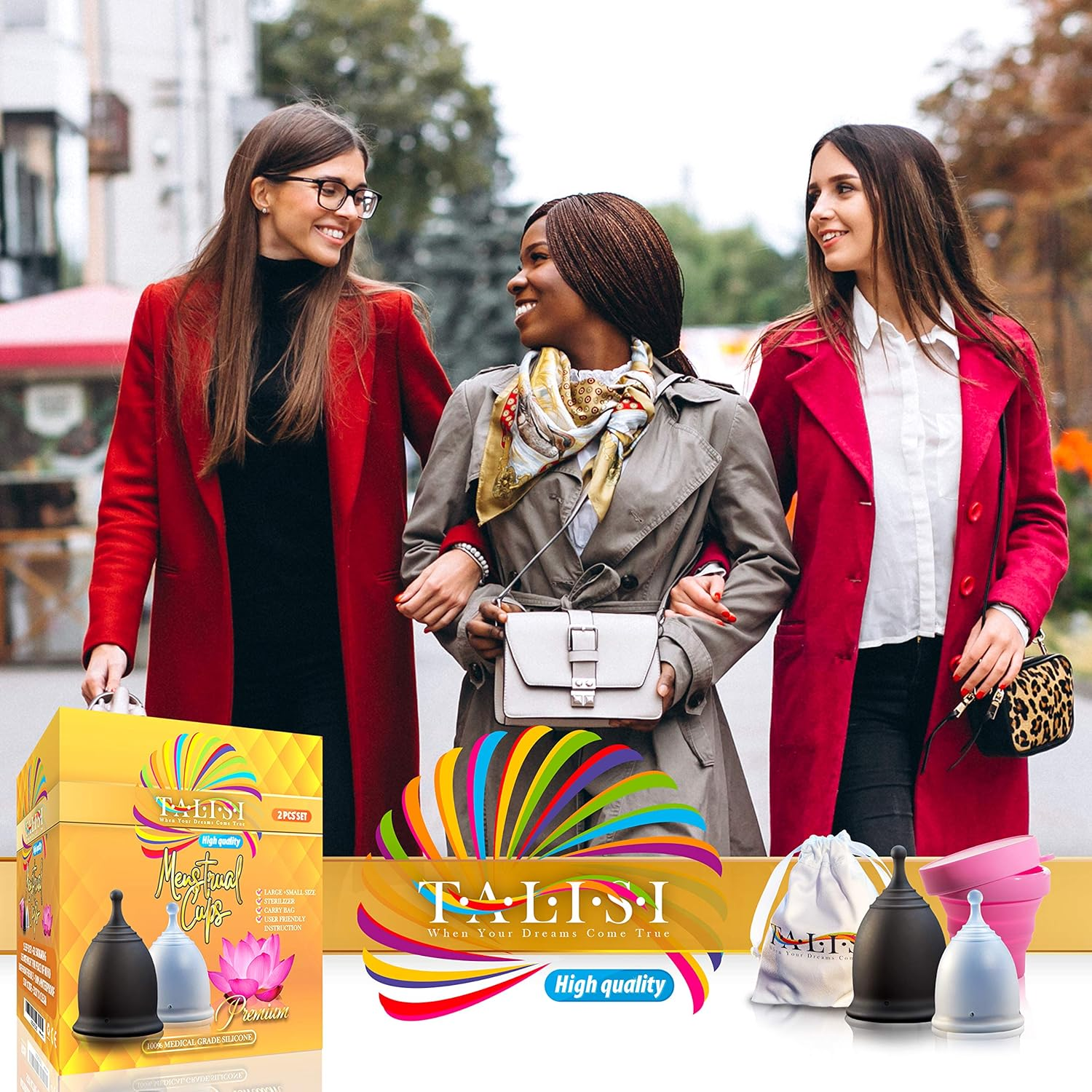 Talisi Reusable 2 Menstrual Cups - Period Cup Set for Women with Collapsible Sterilization Cup and Travel Bag - Feminine Menstruation Alternative to Tampons - Regular and Heavy Flow image number 2