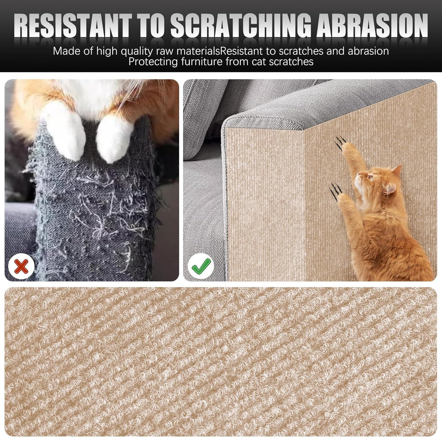 2PCS Self-Adhesive Cat Scratch Mats, Trimmable DIY Cat Scratcher Pads for Couch, 100&times;40Cm,Wall, Doors & Furniture Protection, Durable Anti-Scratch Cover for Cat Towers (Khaki) - Khaki image number 5