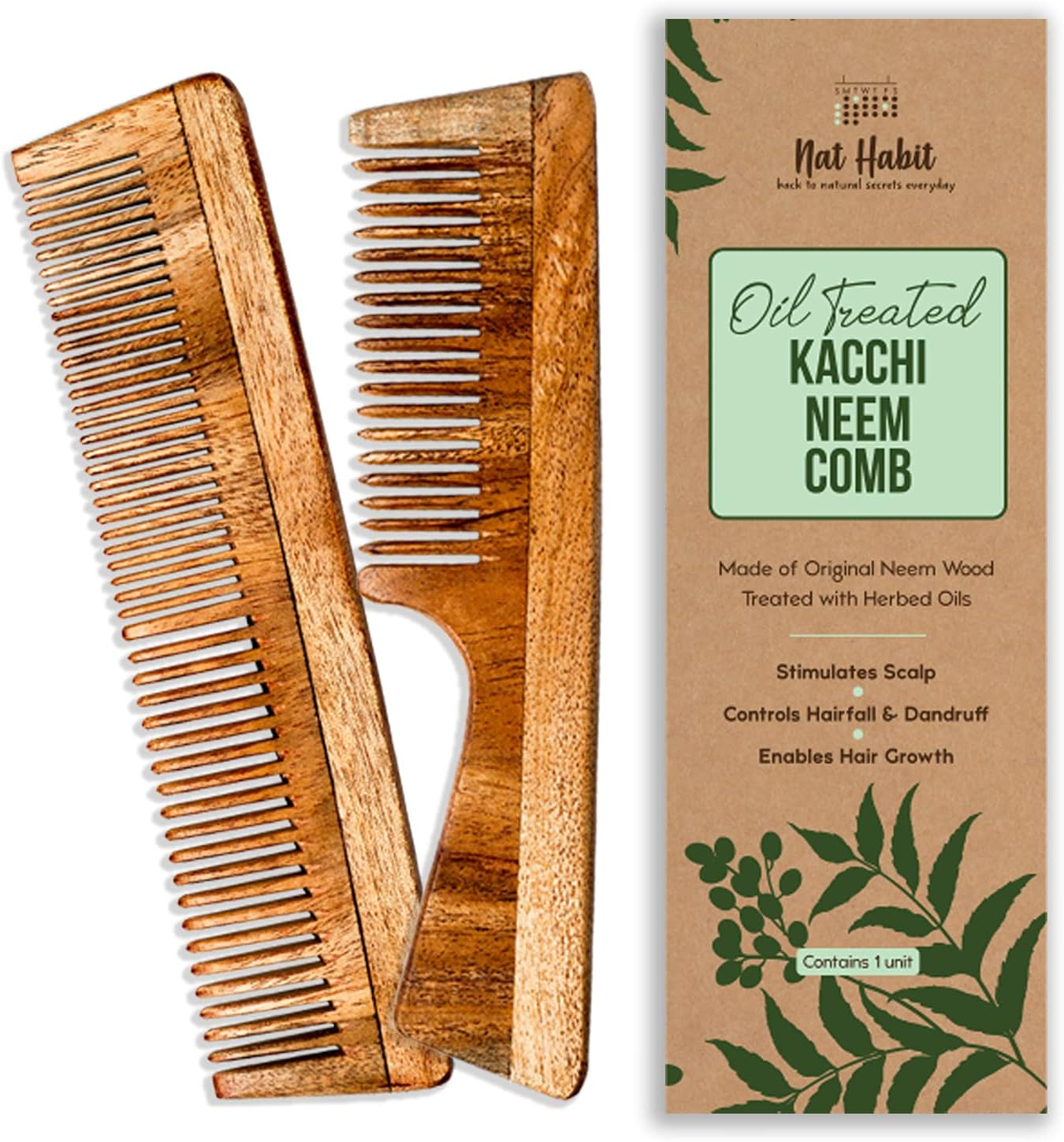 Nat Habit Kacchi Neem Wooden Comb, Soaked in 13 Herbs Neem, Seasame Oil for Multi-Actions Detangling, Frizz Control & Shine (Dual Tooth & Fine Tooth) Combo Pack of 2 image number 6