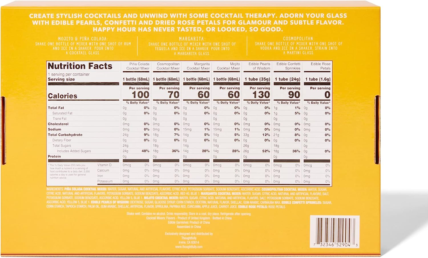 Thoughtfully Cocktails, Cocktail Therapy Mixer Gift Set, Includes Cosmo, Margarita, Mojito, and Pina Colada Flavoured Cocktail Mixers and Edible Pearl, Rose Petal and Confetti Garnishes, Set of 7 image number 4