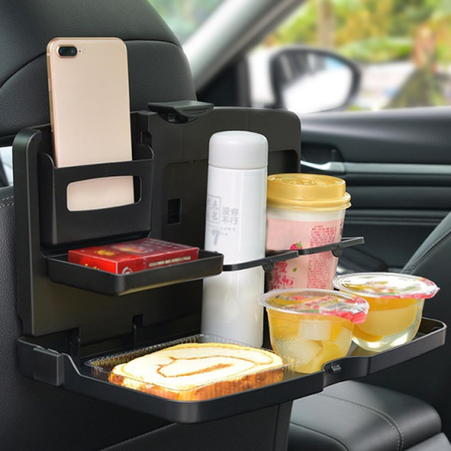 Car Backseat Organizer with Fold down Tray Table, Strong Adjustable Dining Surfaces Device Holder Snack Station Compact Storage Pockets Clutter Control, Road Trip Travel Use for Passengers and Kids image number 6