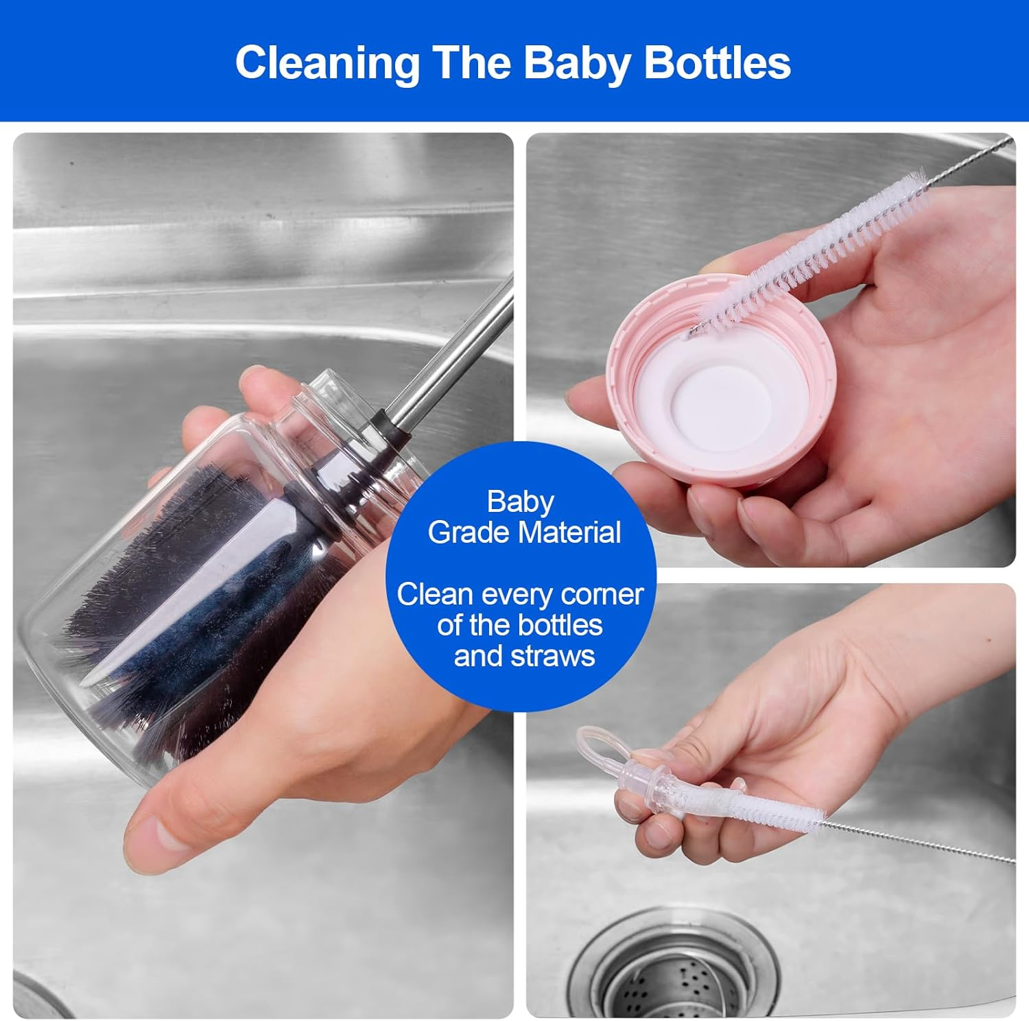 Bottle Brush, Long Stainless Steel Handle Water Bottle Brush Cleaner, Sports Bottle Scrubber, Kitchen Scrub Cleaning Brushes for Beer Bottles, Cups, Wine Glasses, Coffee Mugs, Tumblers, Thermos image number 1