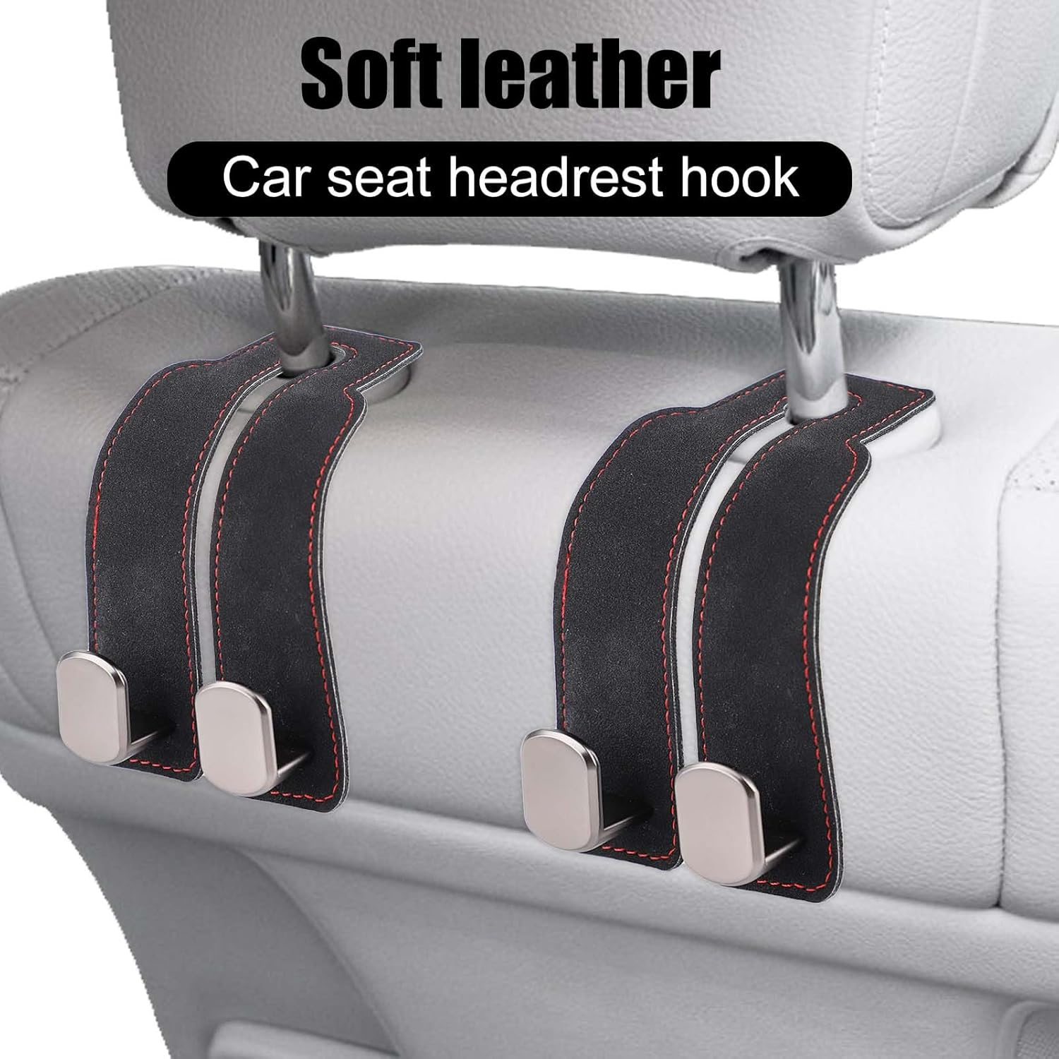 PEUTIER 2Pcs Car Headrest Hooks, Suede & Oxford Cloth with Galvanized Metal, Minimalist Car Seat Organizer Hooks for Purse, Umbrellas, Bags (Black) - Grey image number 2