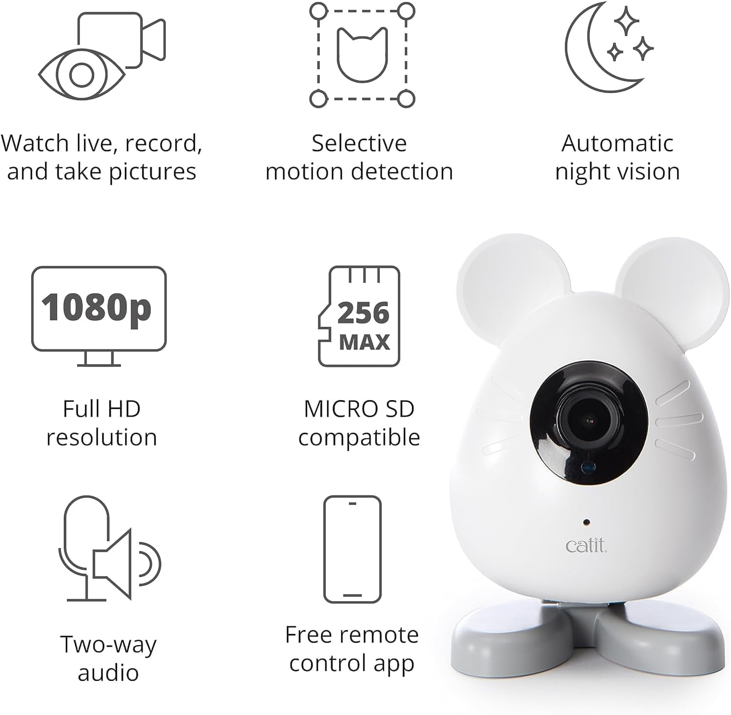 Catit PIXI Smart Mouse-Shaped Cat Indoor Camera, App-Controlled Pet, White