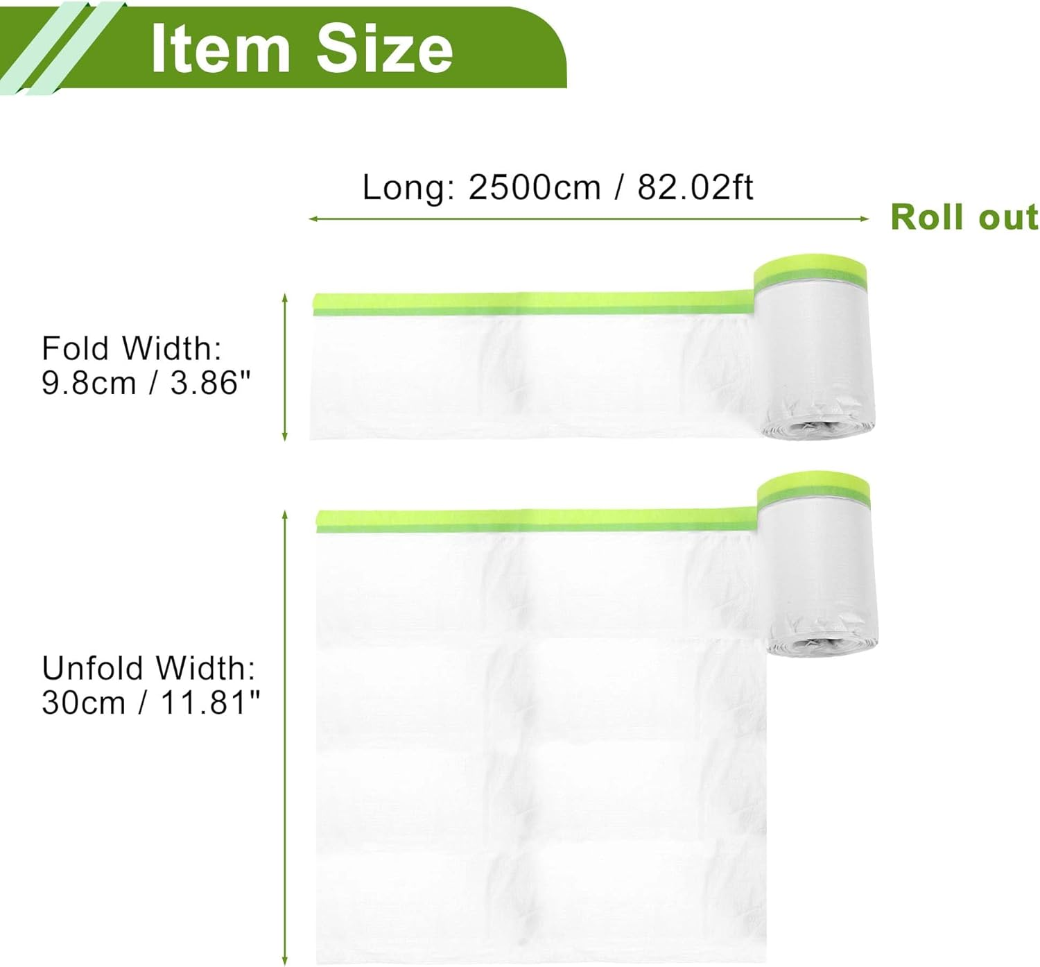 X AUTOHAUX Pre-Taped Masking Film Plastic Cover PE Film Natural Fiber Material 1 Pc 2500X30Cm / 82.02Ftx11.81" White Green image number 3