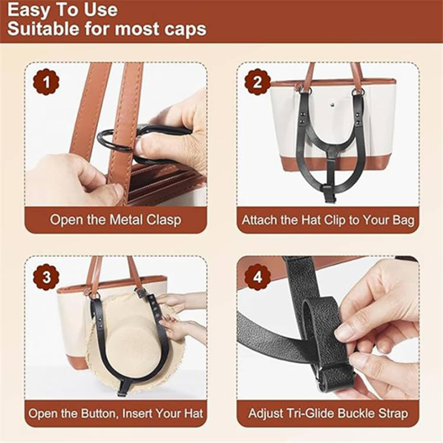 Hat Harness Clip - Portable PU Leather Travel Hat Organizer, Lightweight Design, Easy Installation | Carrier Strap Sun, Backpack and Luggage Storage, Hiking, Camping, Travel Buddy image number 1