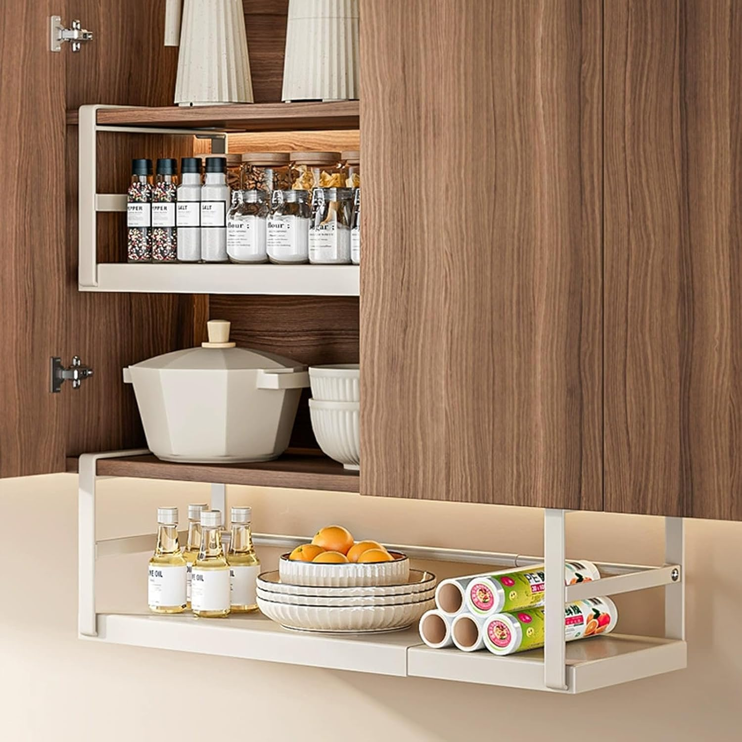 2 Pack under Shelf Storage Basket Organizer, Adjustable Hanging under Cabinet Shelf Add-On Storage Racks Slide-In Baskets Organizer for Laundry Room Kitchen Pantry (Milky White) image number 1