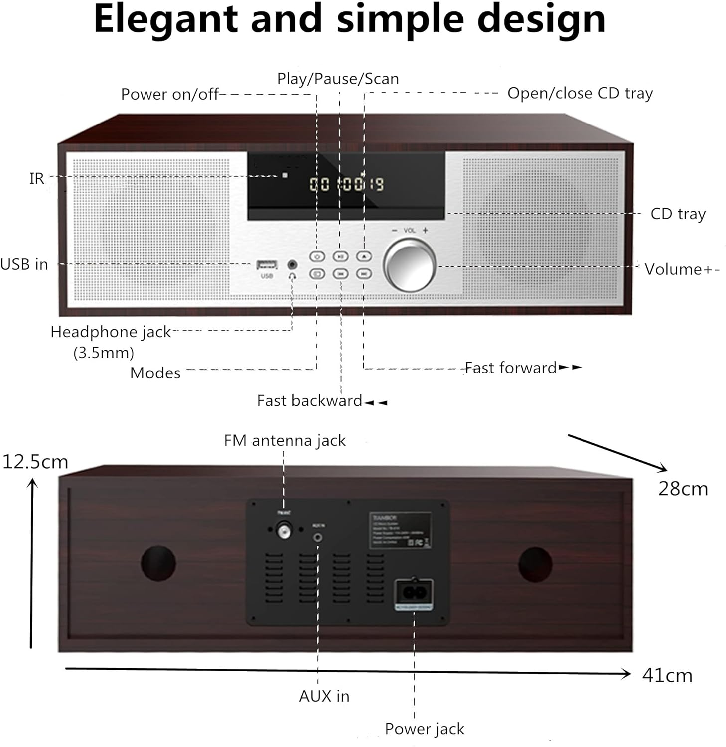 Vintage Micro Hifi System CD Player 40W CD Stereo Mini Component, Fm/Bluetooth Compatible/Usb/Aux/Remote Control/Headphone Jack, Compatible with High Resolution Sound Source,Silver,Wooden image number 3