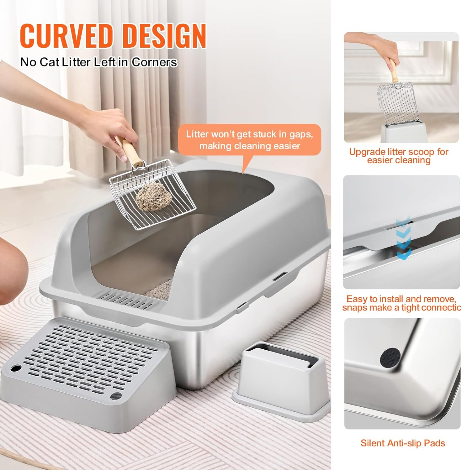 VEVOR Cat Litter Box, 152 Mm Deep, XL Extra Large Stainless Steel Cat Litter Box with Scoop, Wide Filtering Foot Board & High Sides, Enclosed Odor-Free Easy-To-Clean Litter Box, Fit for Big Cats image number 5